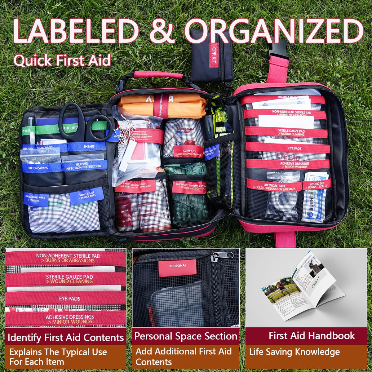 Comprehensive First aid Kits, First Aid Trauma Kit with Labelled Compartments for Cars, Home, Office, Backpacking, Camping, Traveling, and Cycling -324 Pieces