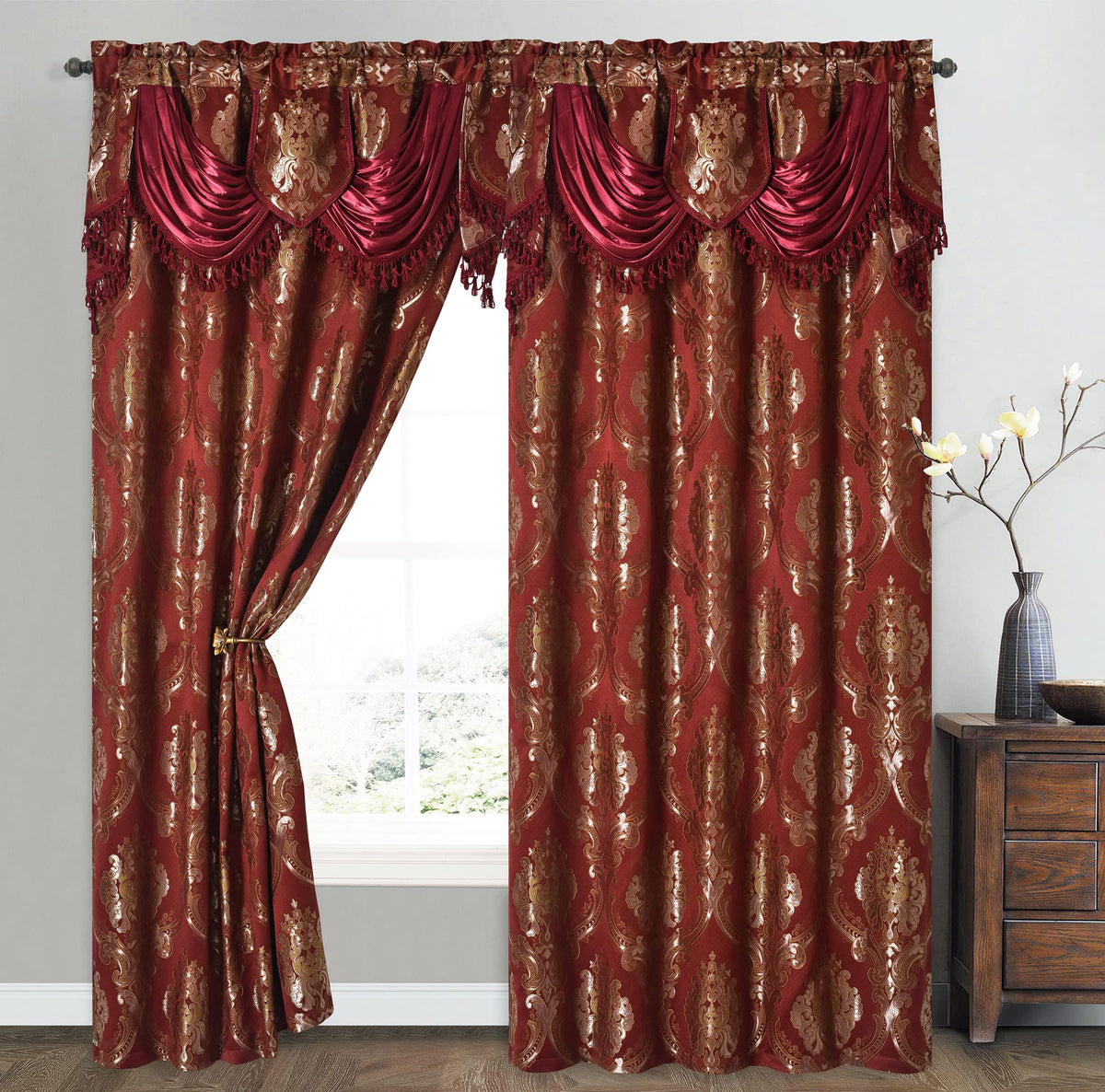 GOHD Luxe Love. Jacquard Window Curtain Panel Drape with Attached Fancy Valance. 2pcs Set. (Wine, 54" Wide x 84" Drop with 18" Valance x 2pcs)