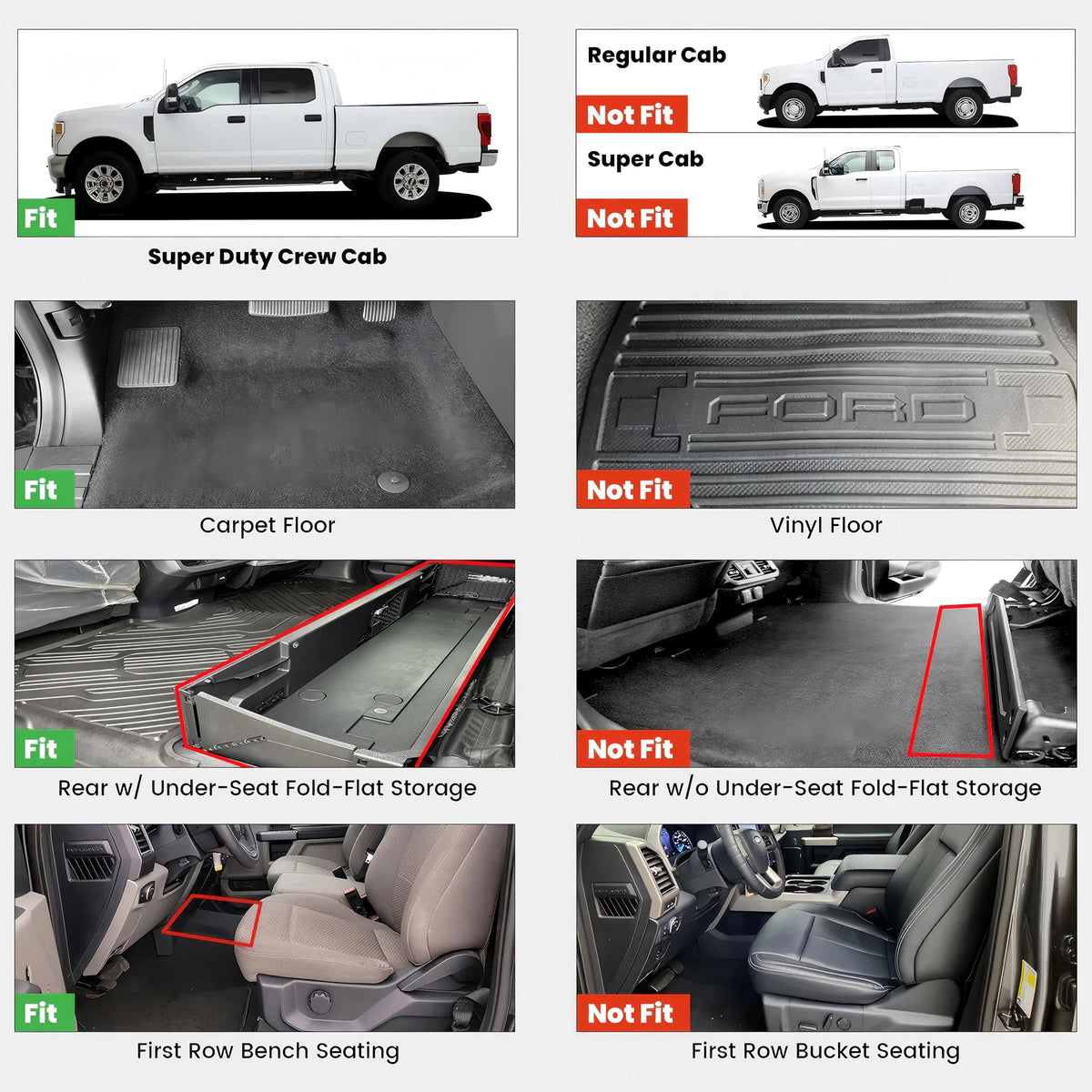 LASFIT Floor Mats for Ford F250 F350 F450 2017-2026 Crew Cab Front Bench Seat | Rear W/Fold-Flat Storage Carpet Floor Super Duty All Weather Protector TPE Car Floor Liner, 1st & 2nd Row, 2pcs Black