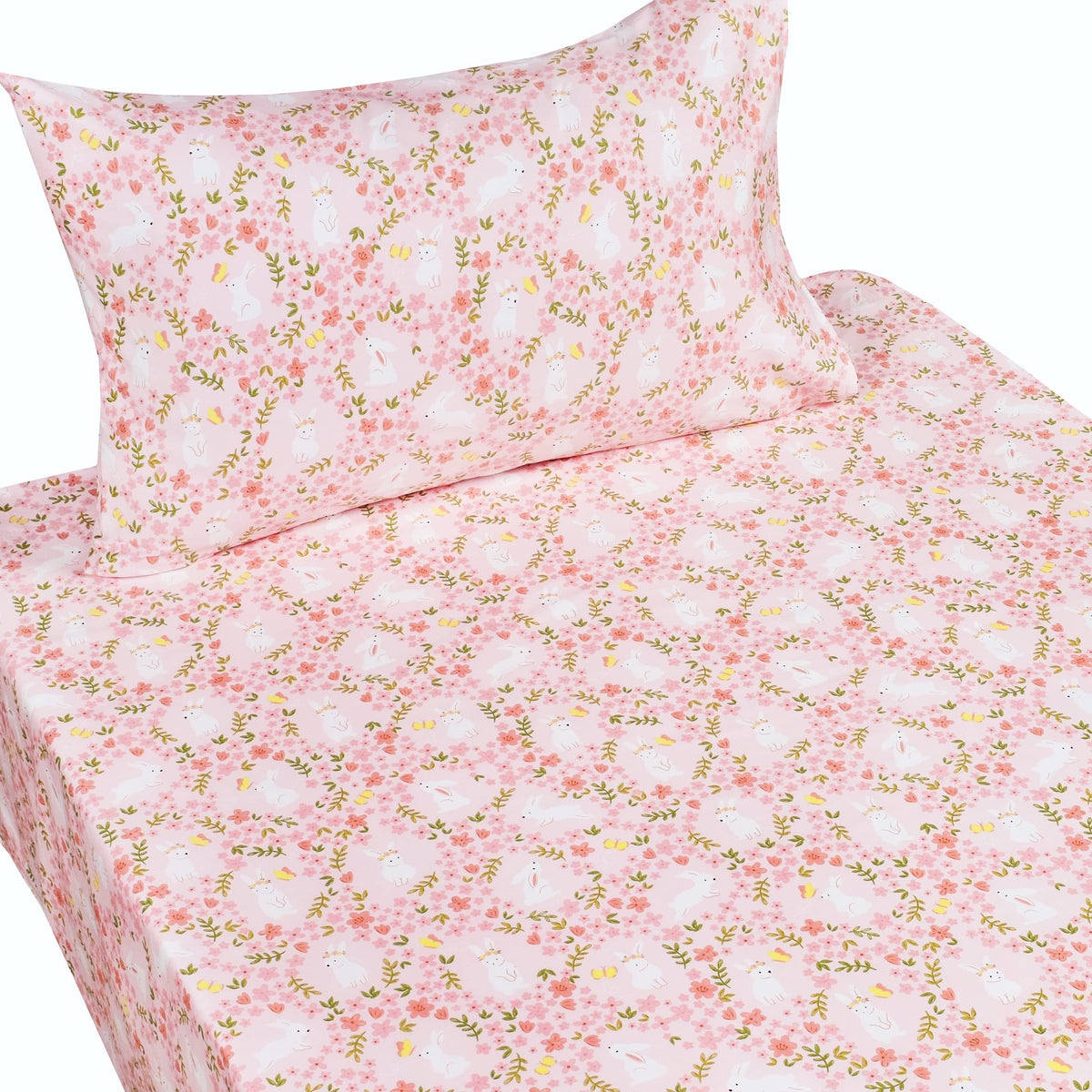 Scientific Sleep Pink Flower Rabbit Bunny 100% Cotton 3 Pcs Twin Bed Sheet Set Kids Toddler Teen, Flat Sheet & Fitted Sheet & Pillowcase Kids Bedding Set (Rabbit Flower, Twin)