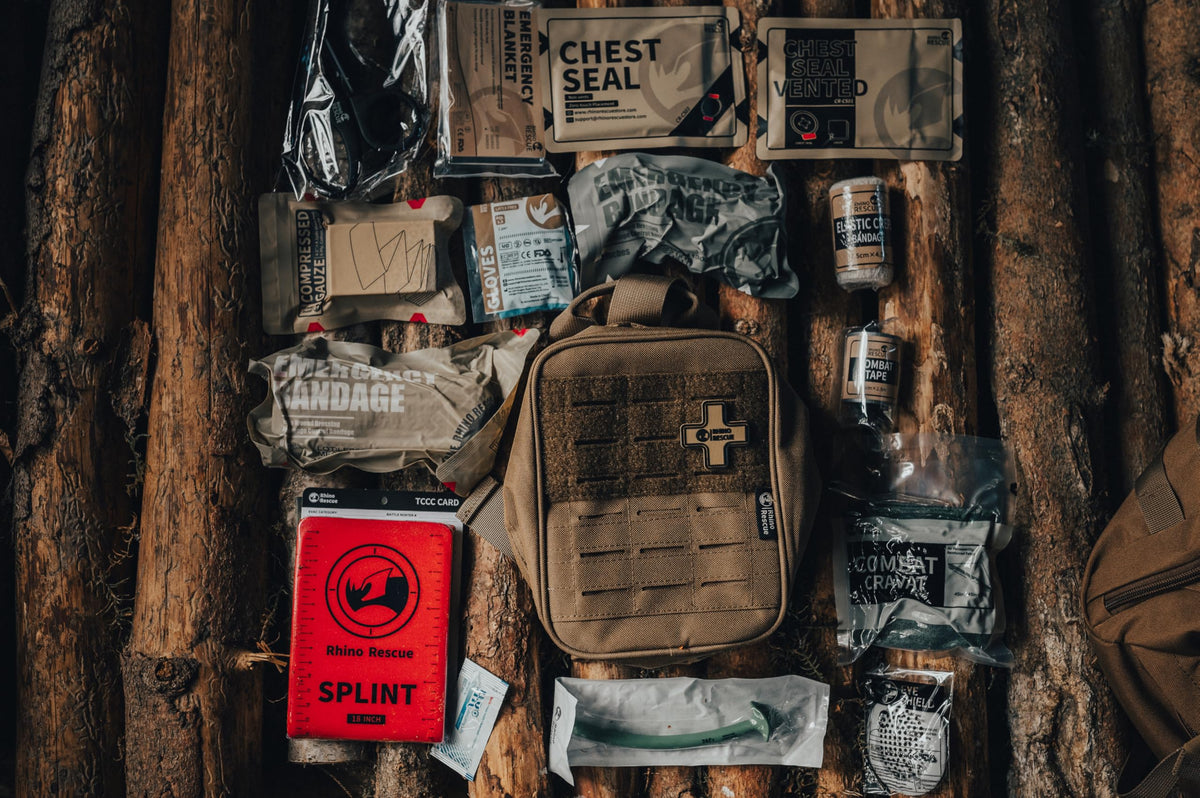 RHINO RESCUE IFAK Trauma Kit with C-A-T Tourniquet, Tactical First Aid Kit Molle Pouch for Military, Combat, Car, Camping, Hiking, Travel (Coyote Brown)