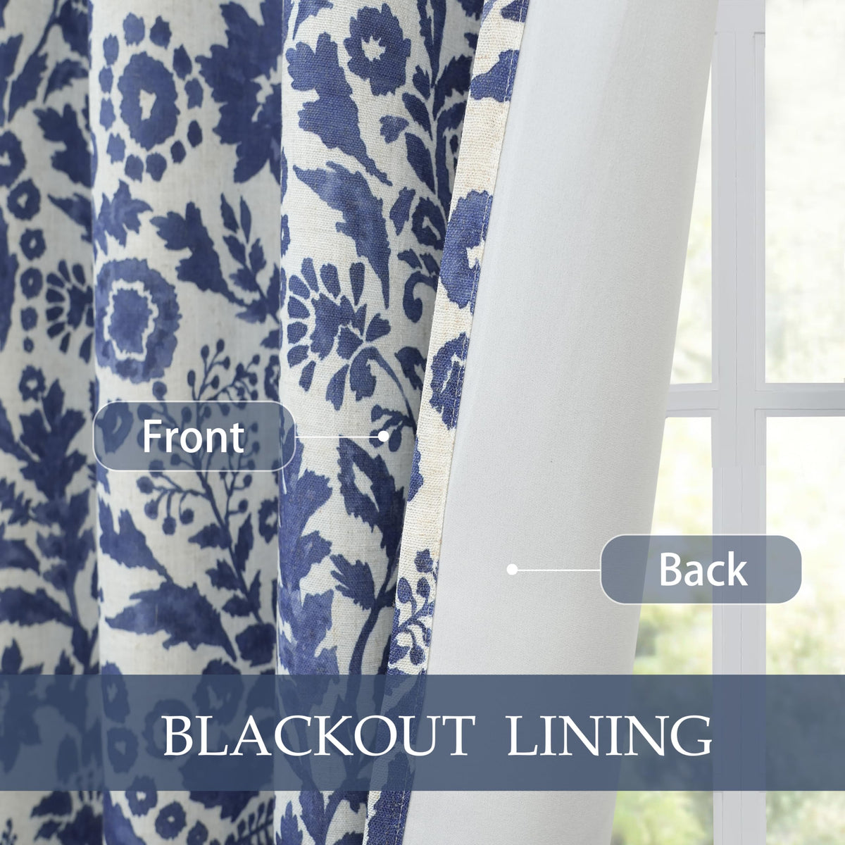 DriftAway Julia 100% Blackout Linen Curtains for Bedroom Navy Floral Watercolor Pattern Double Layer Thermal Insulated Sound Reducing Drapes for Living Room Grommet 2 Panels Each W52 x L84 Linen Navy