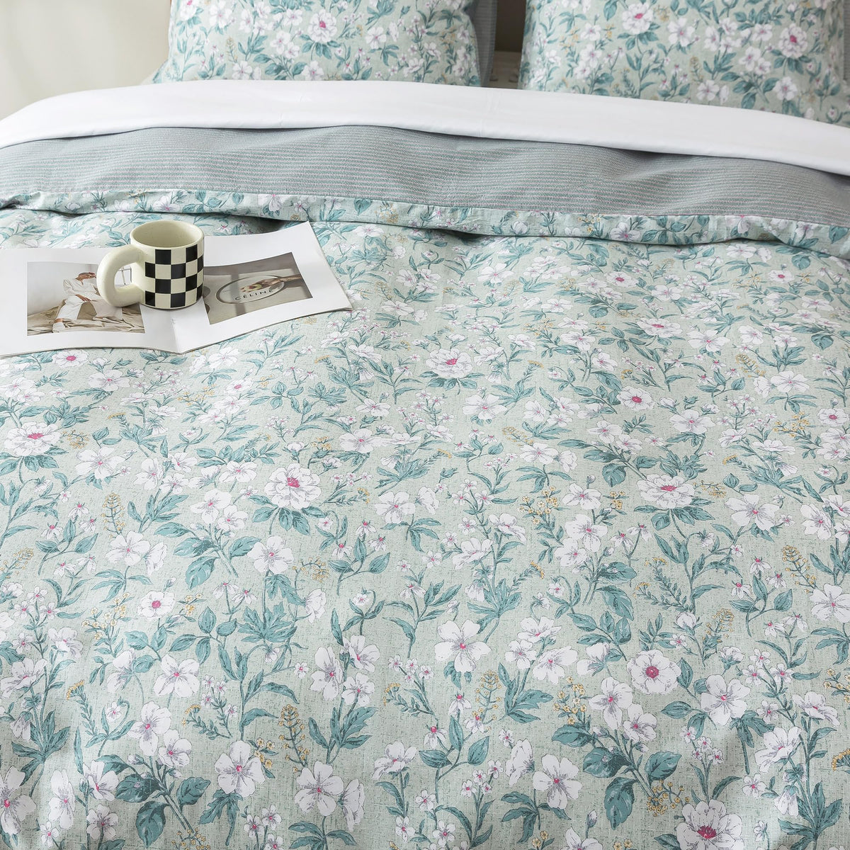 HoneiLife Botanical Duvet Cover King - 100% Cotton Comforter Cover 3-PC, Floral Bedlinen Set with Zipper Closure & Corner Ties, Wildflower Comforter Cover Sets, Greenery