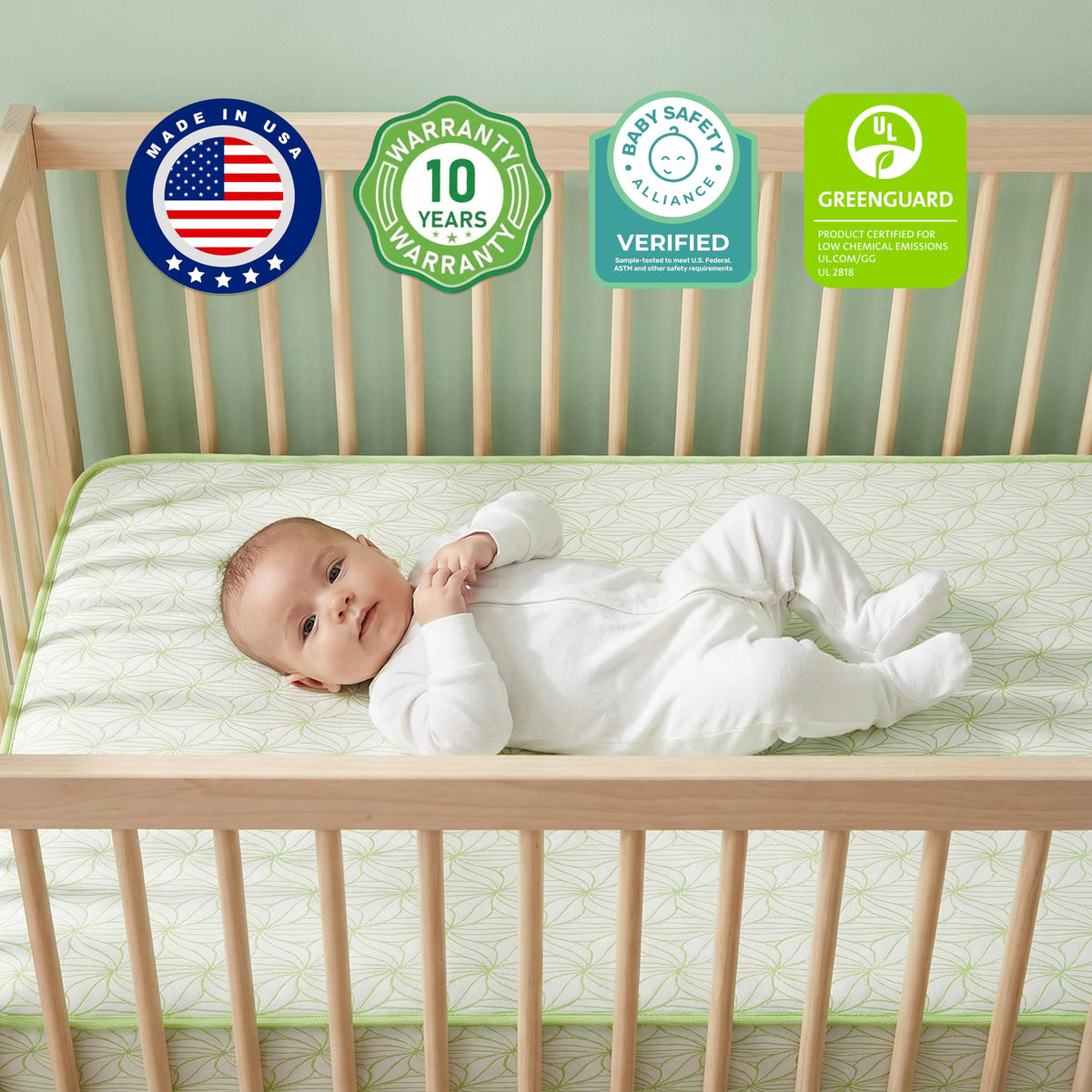 Dream On Me Meadow Firm Fiber Crib & Toddler Mattress – Willow Green, Waterproof Vinyl Cover, GREENGUARD Gold & BSA Certified, Made in USA, Fits Full Size Cribs & Toddler Beds