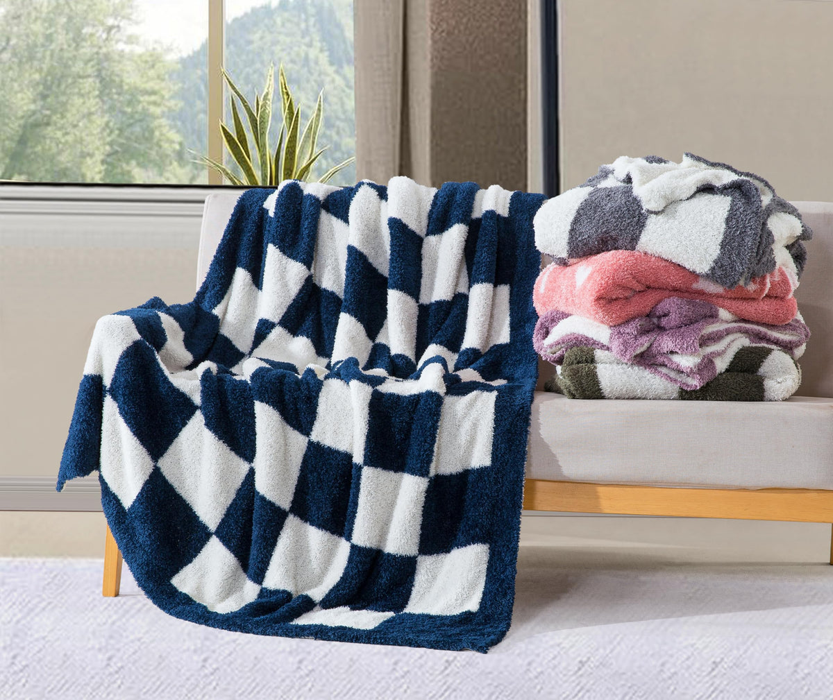 CLOUDS HUG Purple Checkered Throw Blanket for Couch - Super Soft Knit Bed Blanket for Mother，Fluffy Fuzzy Plush Lightweight Cozy Throws for Sofa ，50" x 60"