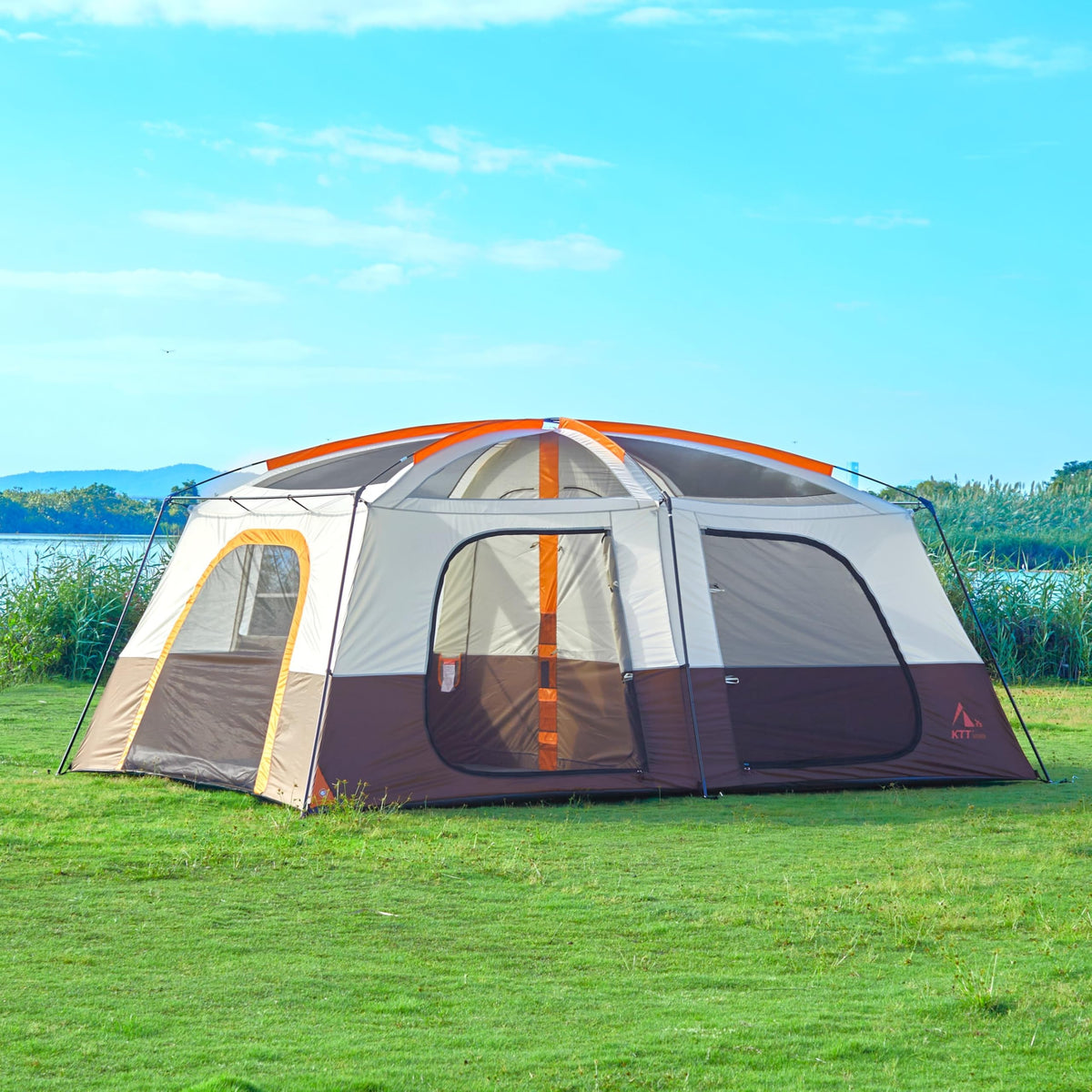 KTT Extra Large Tent 12-14 Person,Family Cabin Tents,2 Rooms,Straight Wall,2 Doors 4 Windows with Mesh,Waterproof,Straight Wall,Big Tent for Outdoor,Picnic,Camping,Gathering(Brown)