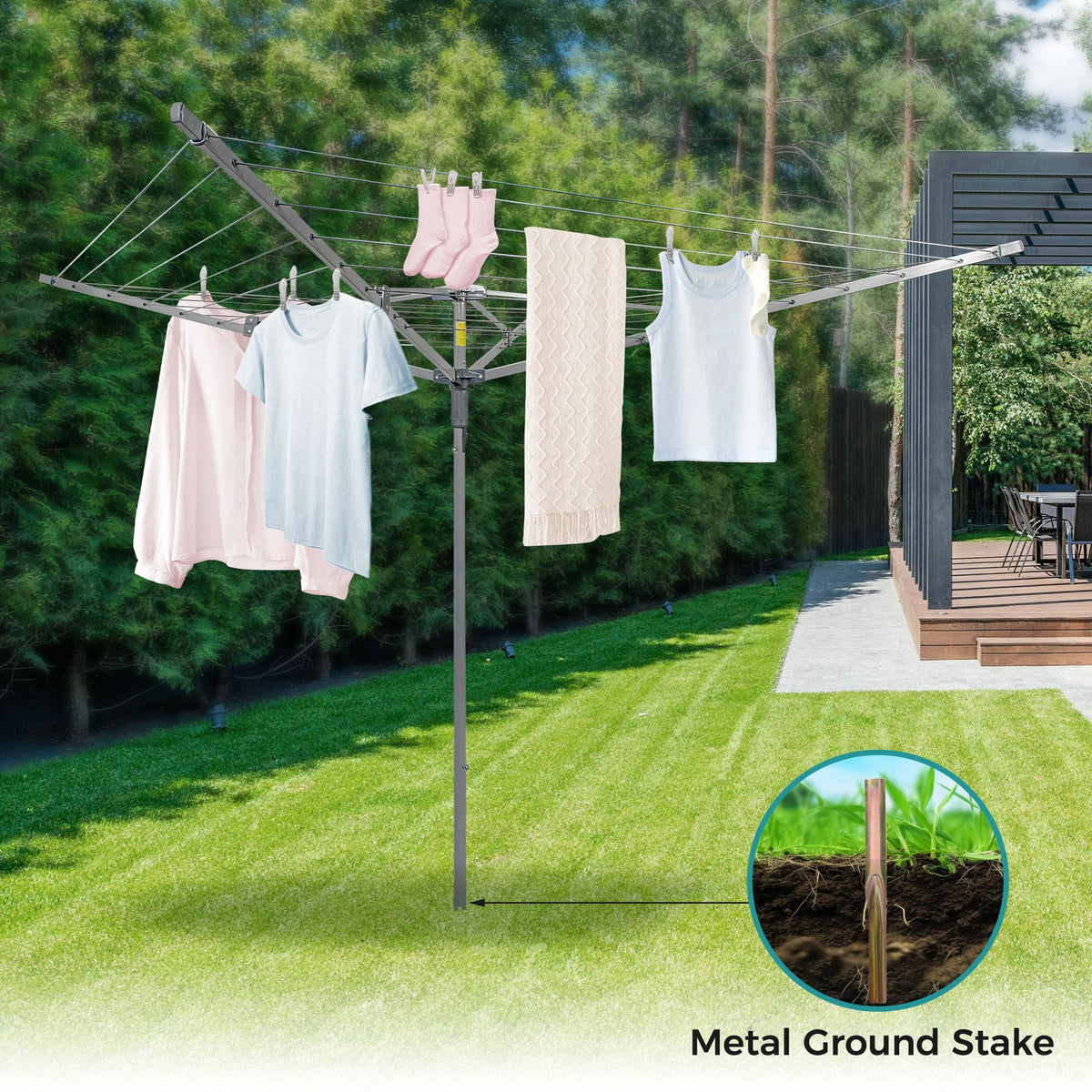 Sukkiri Homu Foldable Laundry Drying Rack, Umbrella Style Clothes Dryer 131 Ft Clothesline for Outdoor Backyard Use, Portable Garment Airer (78.74" H x 68.5" W x 49.61" L)