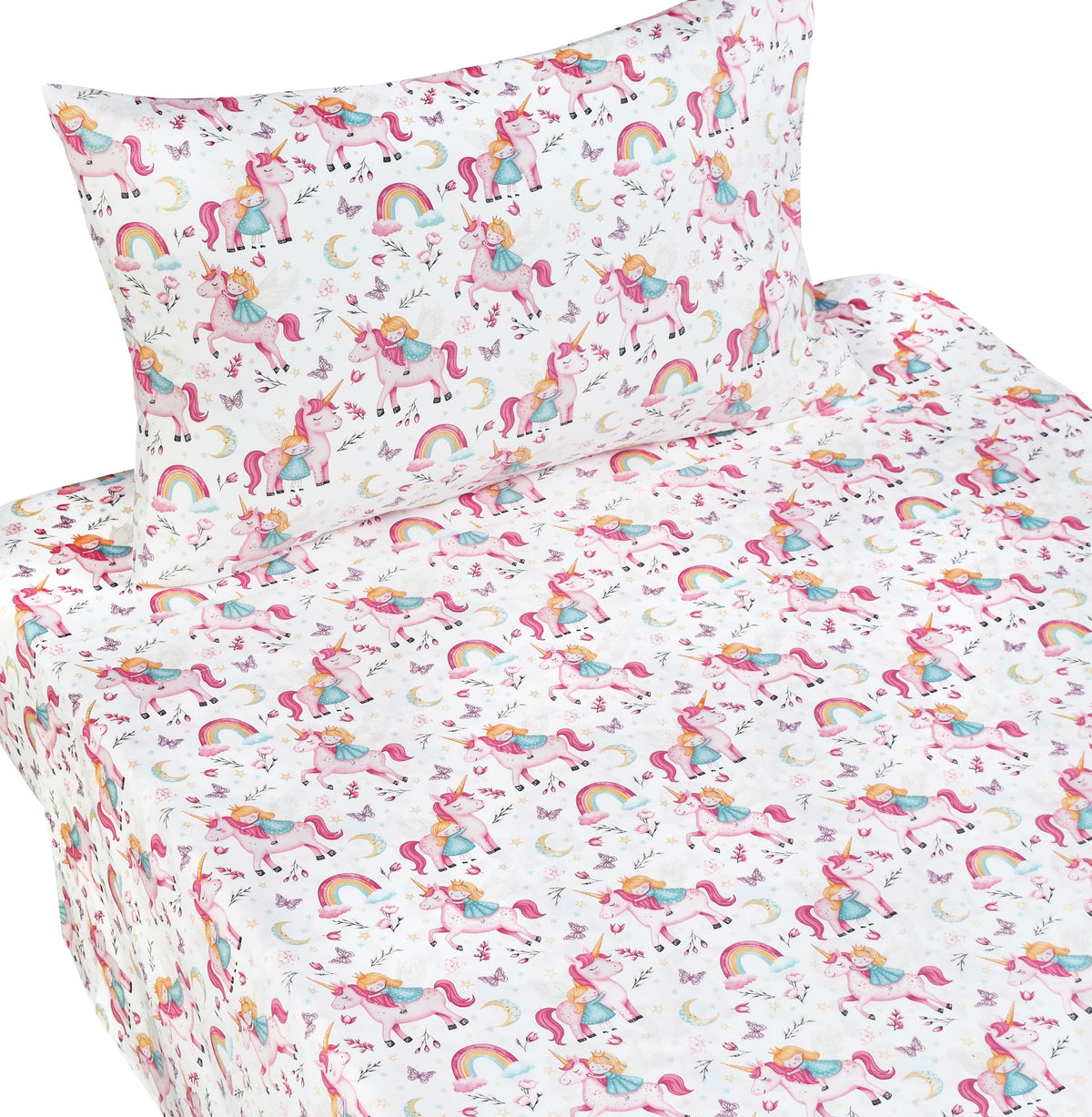 J-pinno Princess Unicorn Horse Pink Cute Adorable Twin Sheet Set for Kids Girls Boys Children,100% Cotton, Flat Sheet + Fitted Sheet + Pillowcase Bedding Decoration Gift Set
