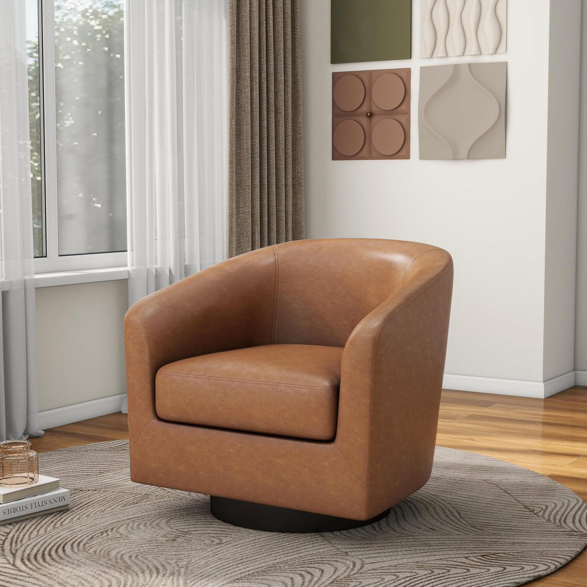 Pia Ricco Swivel Accent Chairs Set of 2, Faux Leather 360° Swivel Round Barrel Chair, Comfy Upholstered Fabric Single Sofa Club Armchair for Living Room/Reading Room, Brown