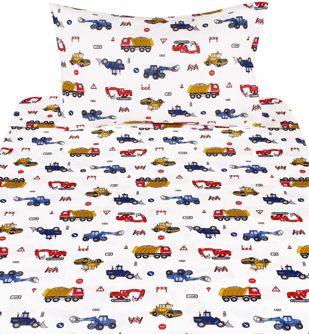 J-pinno Building Construction Car Truck Digger Transport Vehicle Twin 100% Cotton 3 Pieces Sheet Set for Kids Girls Children, Flat Sheet + Fitted Sheet + Pillowcase Bedding Decoration Gift Set