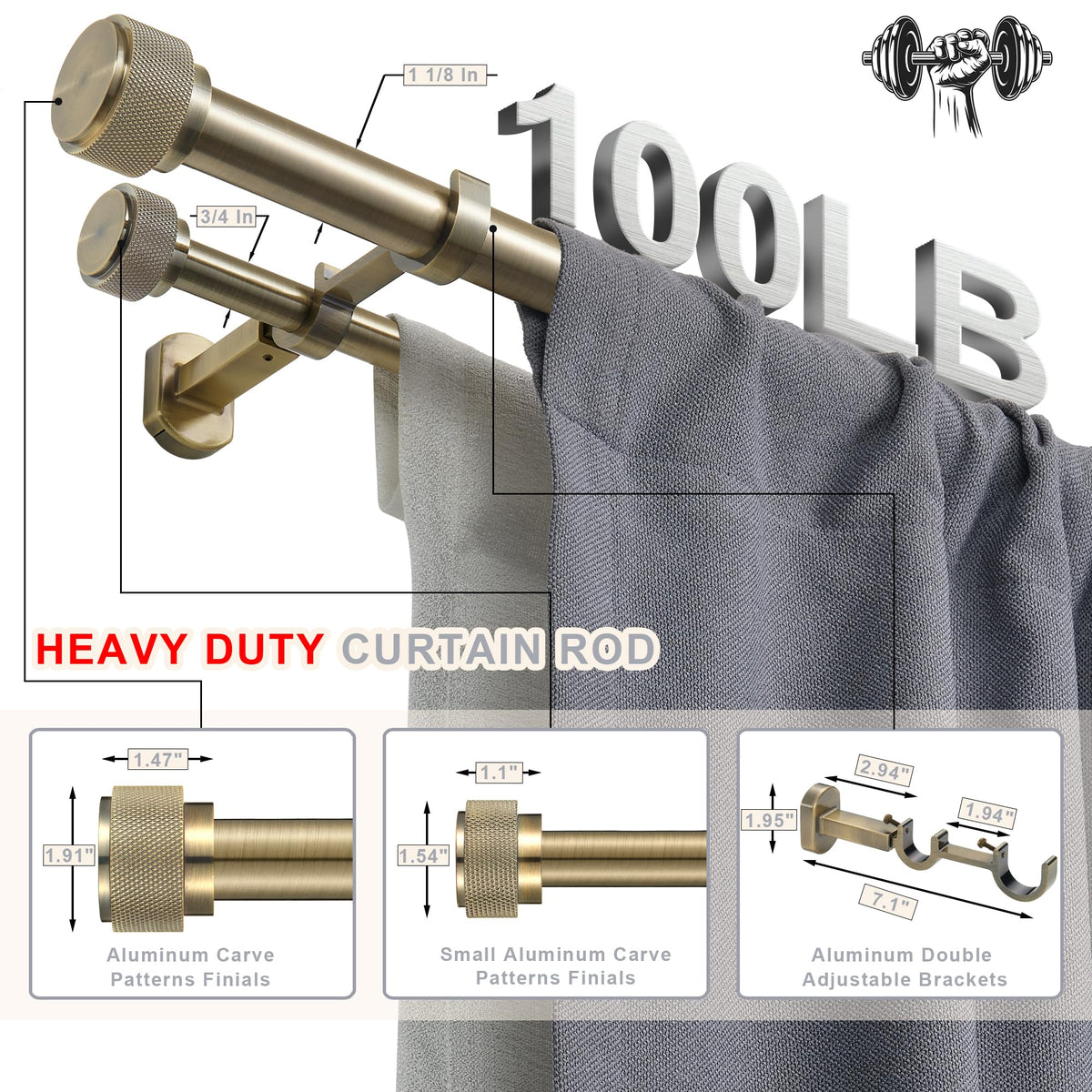 1-1/8 inch Double Curtain Rod - Premium Nonadjustable 144in/12ft Drapery Rods - Heavy Duty Dual Curtain Rods for Windows - Aluminum Finials & Adjustable Concealed Mounting Bracket - Antique Bronze