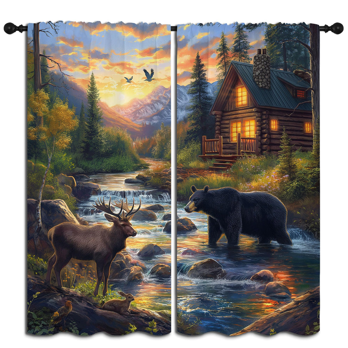 PYMATYTN Wild Animal Blackout Curtains for Boys Girl Bedroom Decor,Black Bear Deer Nature Forest Cabin Thermal Insulated Rod Pocket Drapes Darkening Window Curtain for Living Room Home 55x63 inch