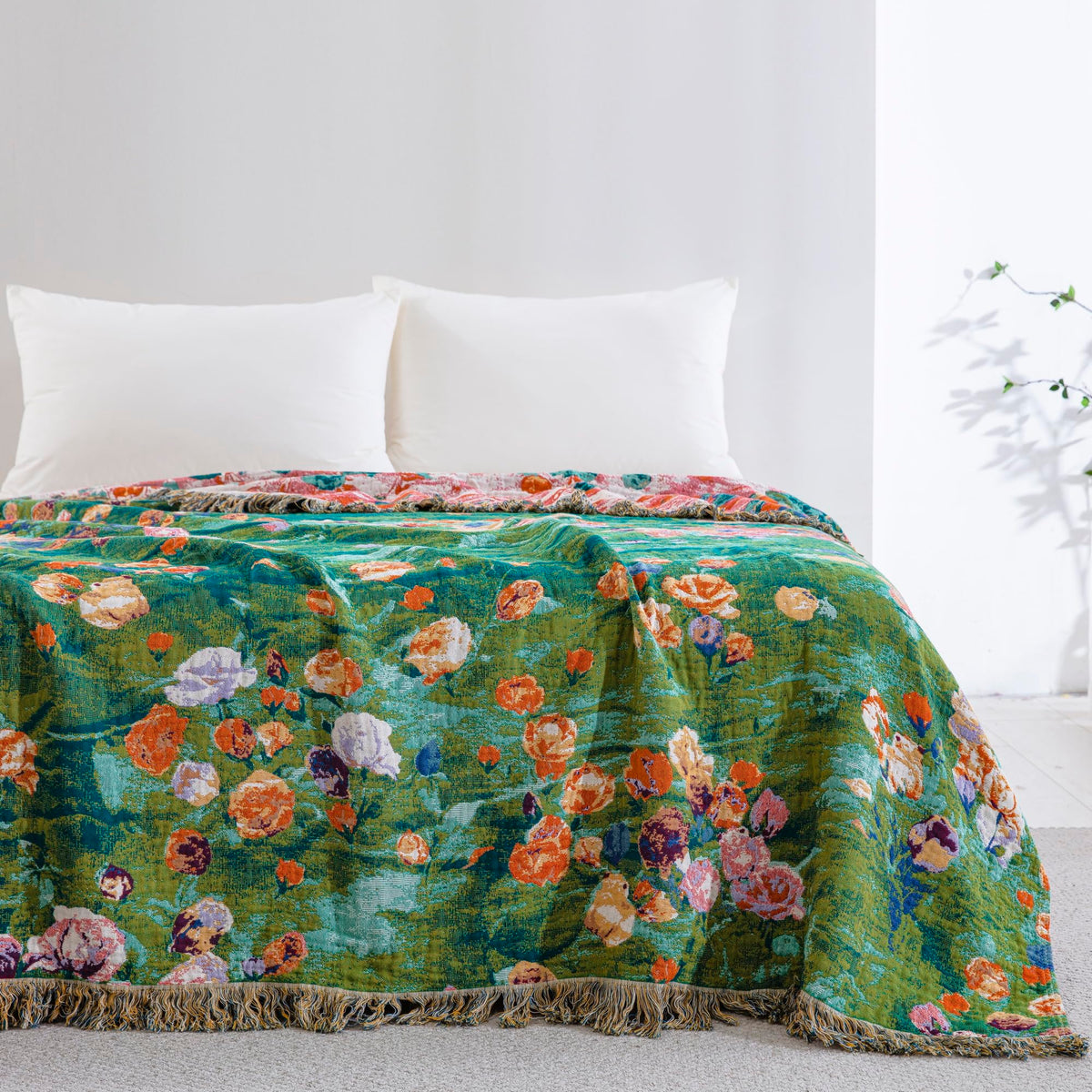 BRYALIX 100% Cotton Muslin Floral Blanket, Super Soft Throw Green for Couch, Bed Chair Quilt Travel Blankets, Reversible Jacquard Fall Coverlet, Lightweight Boho Farmhouse Picnic Blanket, 60"x80"