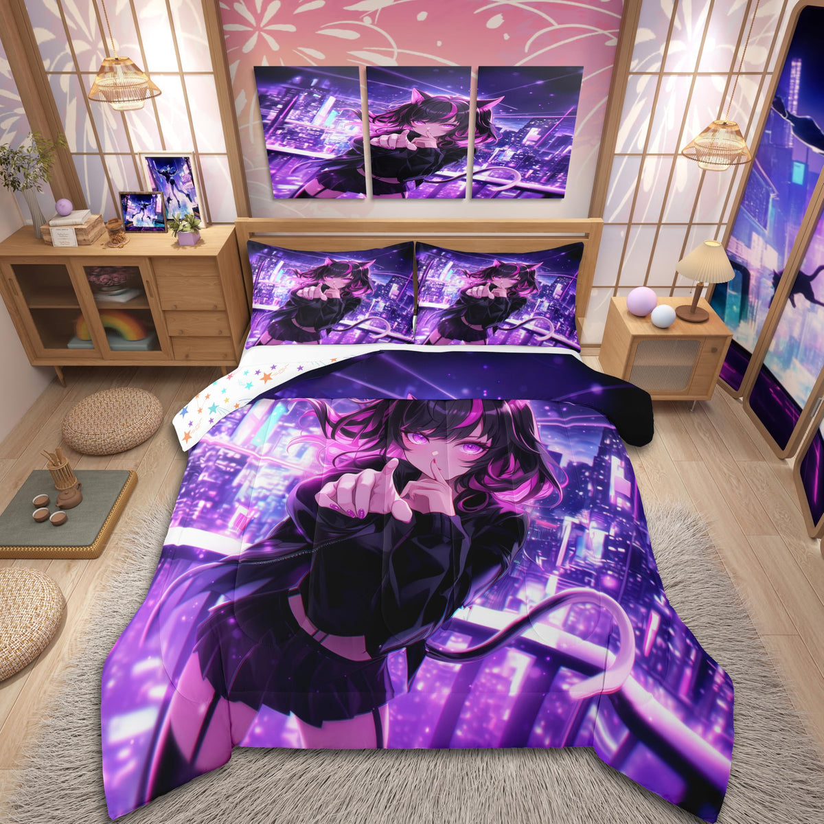 Erosebridal Kids Anime Girl Twin Size Bedding Set, Japanese Anime Comforter Set, Cartoon Girl Duvet Insert for Boys Teens Bedroom Decor, Kawaii Japanese Animation Quilt with 1 Pillow Case