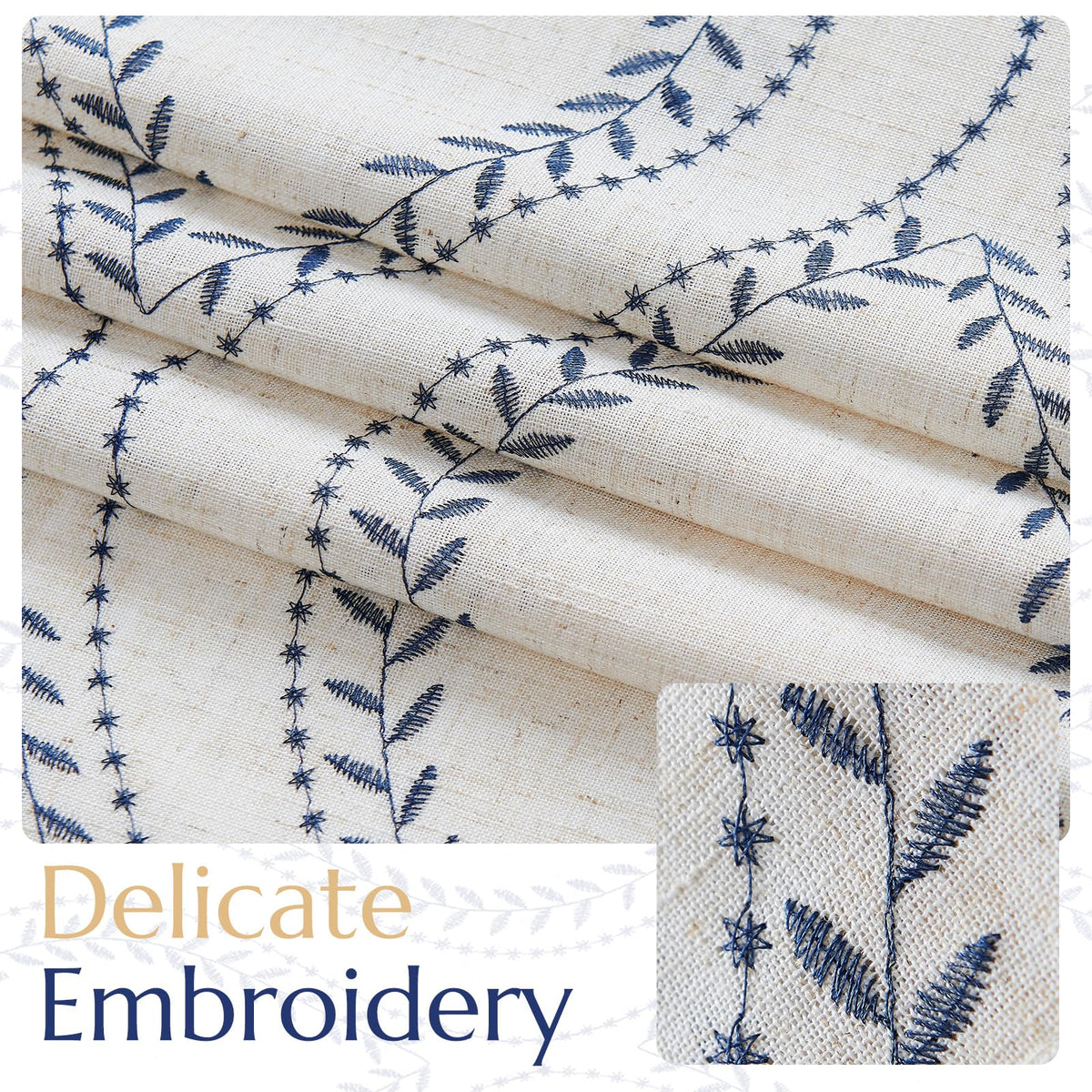 jinchan Boho Linen Blend Beige Farmhouse Curtains 84 Inch Length 2 Panels Set Blue Embroidered Leaf Living Room Ogee Geometry Drapes Light Filtering Curtains Grommet Blue on Flax