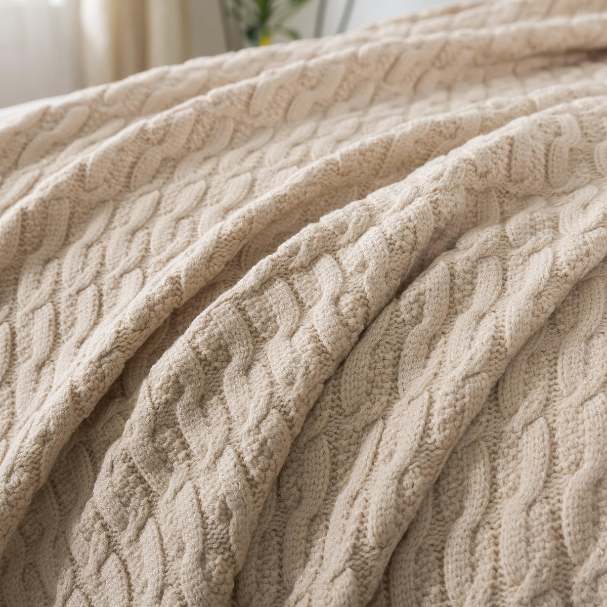 WDCOZY Cable Knit Throw Blanket – Super Soft, Warm & Lightweight Knitted Jacquard Throw Blanket for Couch, Sofa, Bed, Chair, Cozy Texture Farmhouse Decorative Home Blanket, Beige 50x60 inches