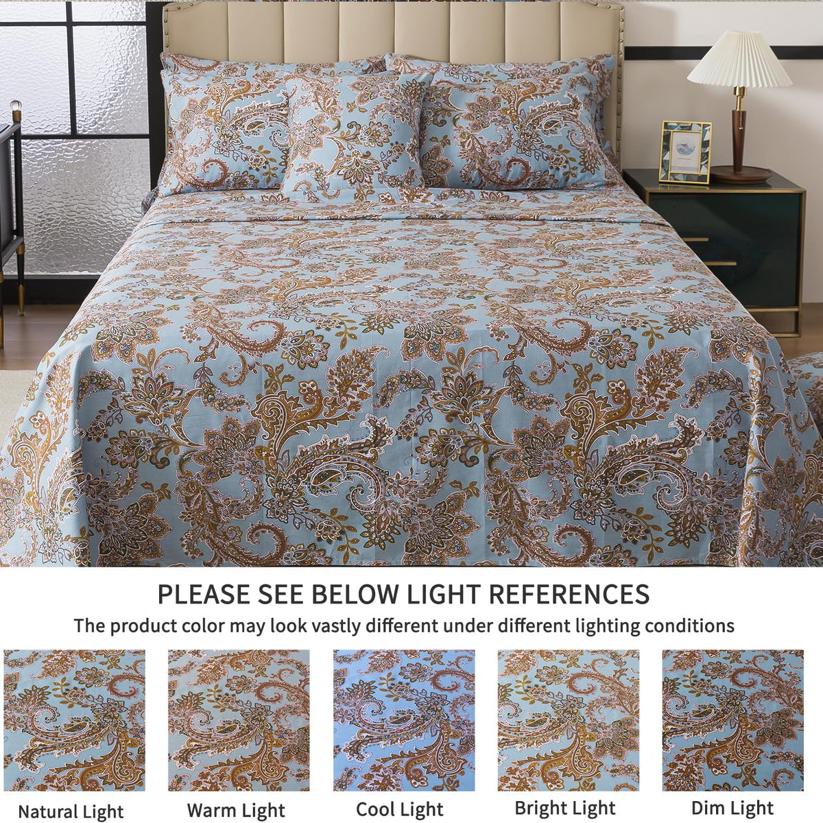 FADFAY Luxury Queen Percale Cotton Sheet Set – Elegant Vintage Blue Paisley Bedding, Ultra Soft & Breathable, Deep Pocket Fitted Sheet, Timeless French Country Heirloom Style, 4 Piece Set