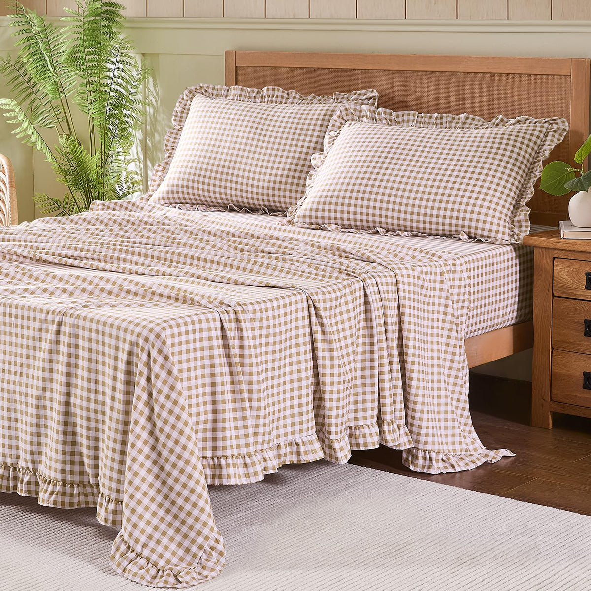 kisswish Gingham Full Sheet Set, Lightweight Super Soft Brushed Microfiber Plaid Bed Sheets with 16" Deep Pocket, 4 Piece Ruffle Farmhouse Bedroom Decor, Taupe