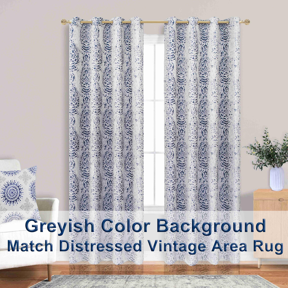 84 Inch Length Navy Blue Pattern Curtains for Living Room 2 Panel Set Grommet Damask Medallion Print Textured Grey Cream White Jacquard 50% Blackout Darkening Window Curtain Drapes for Bedroom