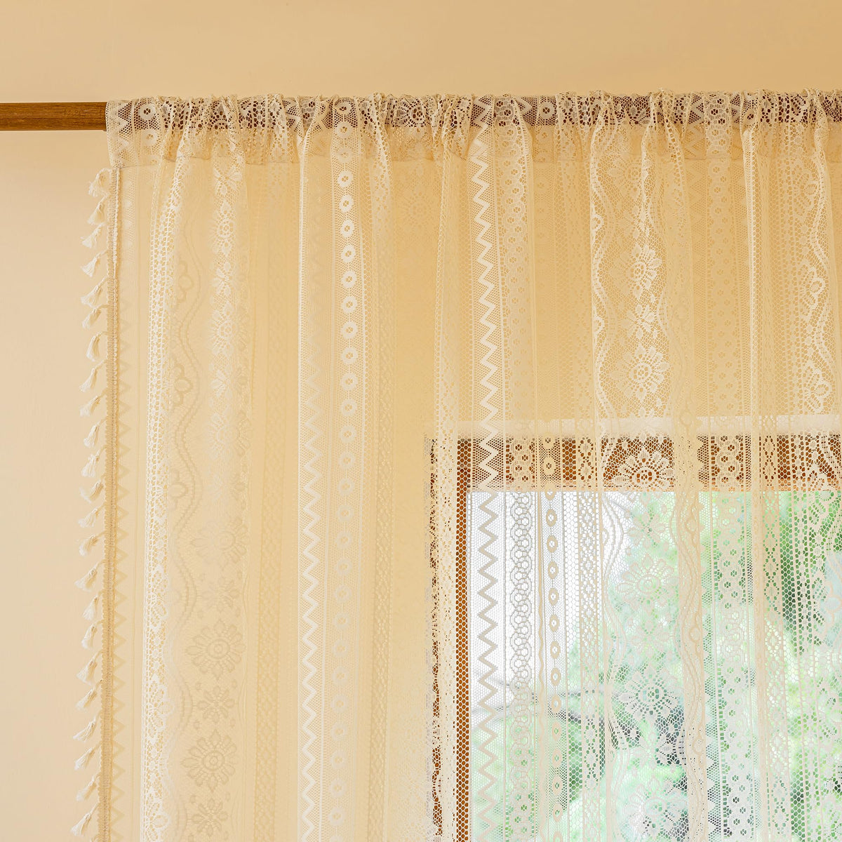 MYSKY HOME Beige Boho Lace Sheer Curtains with Tassels 84 Inch Length 2 Panels Vintage Floral Bohemian Pattern French Rustic Crochet Geometry Striped Rod Pocket Drapes for Living Room Bedroom, 55" W