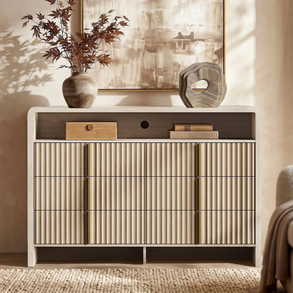ModernMate 6 Drawer Dresser with Open Shelf, 53.2" Wide Fluted Dresser for Bedroom, Wood Chest of Drawers, Modern Storage Cabinet with Metal Handles, Anti-Tip Clothes Organizer, White Alder