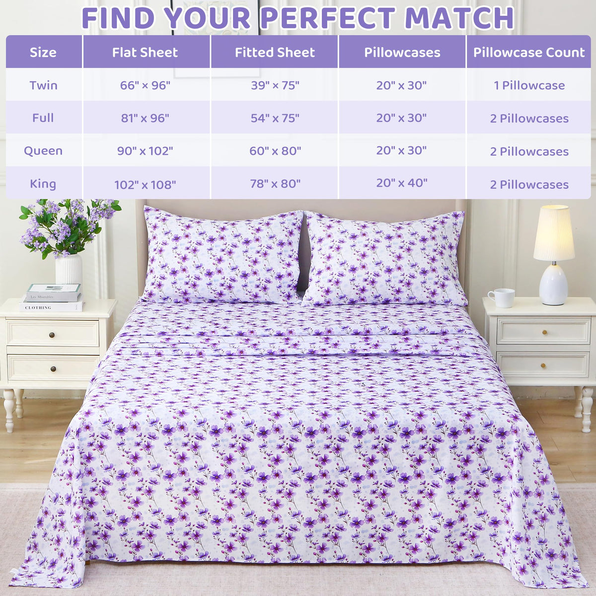 Mooreeke Cozy Floral Microfiber Printed Full Sheet Set - Soft & Breathable Purple Floral Bed Sheets with Deep Pocket - Non-Slip Fitted Design - Purple Flowers Pattern - Full