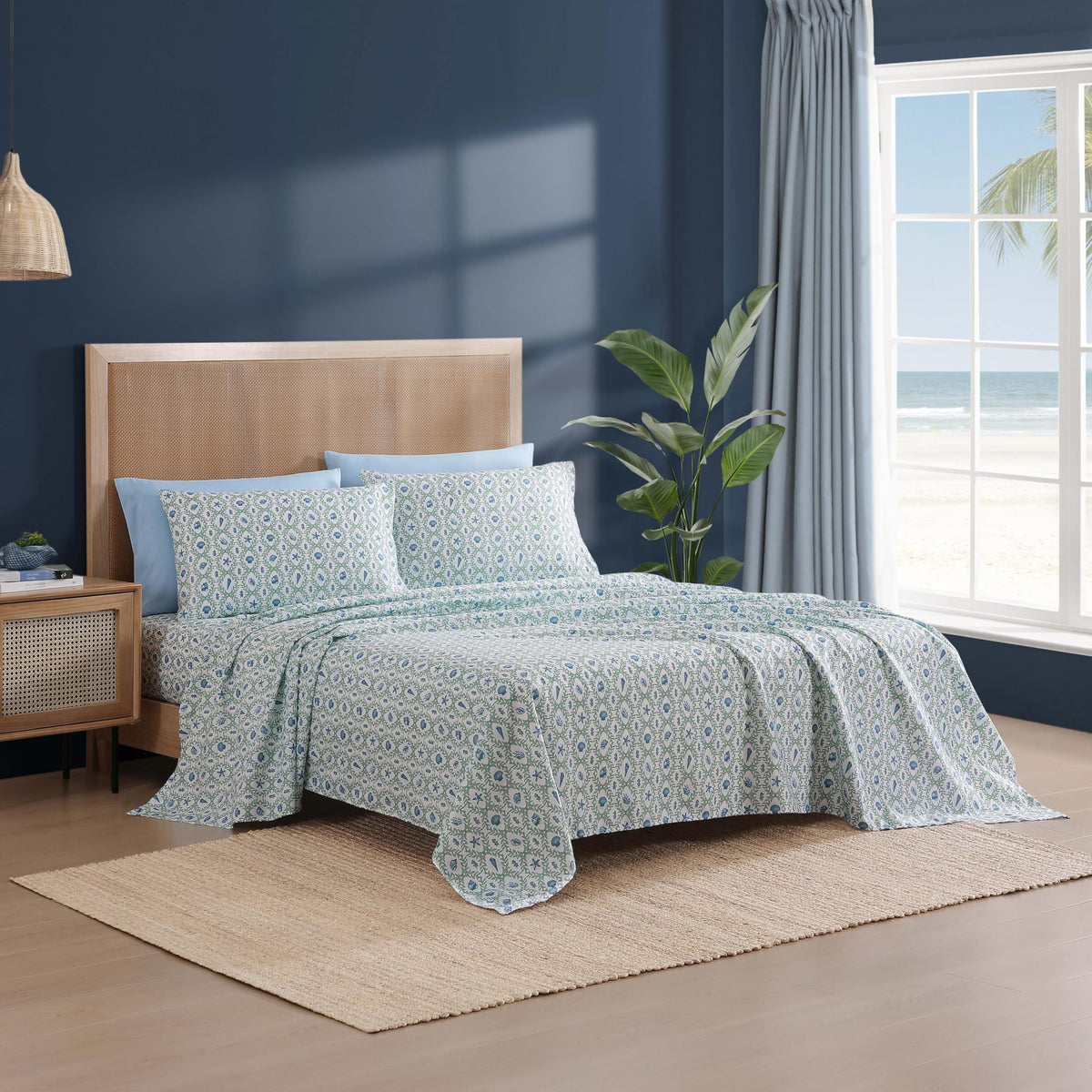 Caribbean Joe 6-Piece Sheet Set with Cooling Pillowcases, 12-inch Deep Pockets, Tropical Beach Coastal Design, Queen, Seaweed Trellis