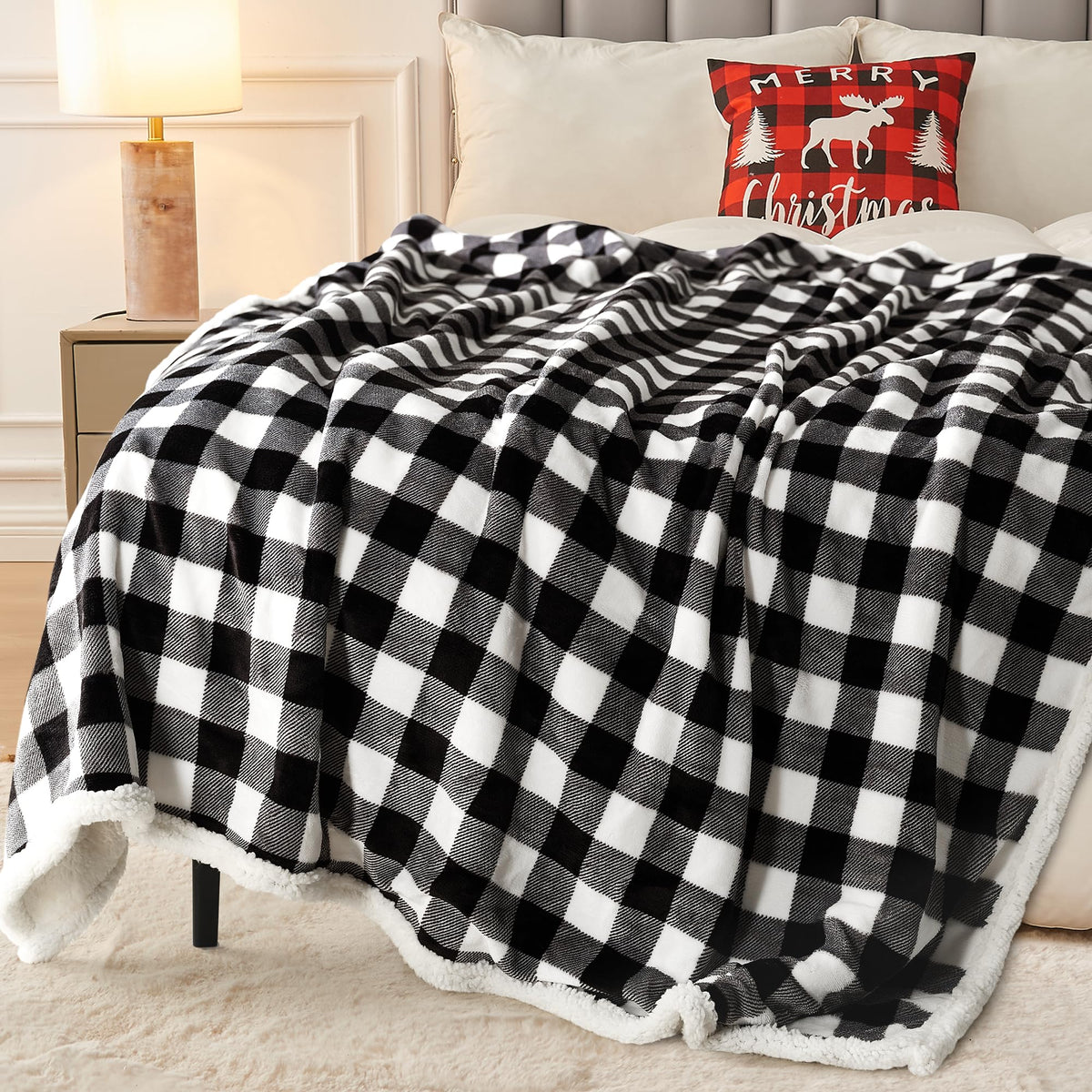 BEAUTEX Sherpa Fleece Flannel Throw Blanket, Super Soft Warm Buffalo Plaid Plush Blankets and Throws, Lightweight Cozy Fuzzy Blanket for Couch Sofa Bed (Black, Throw 50" x 60")