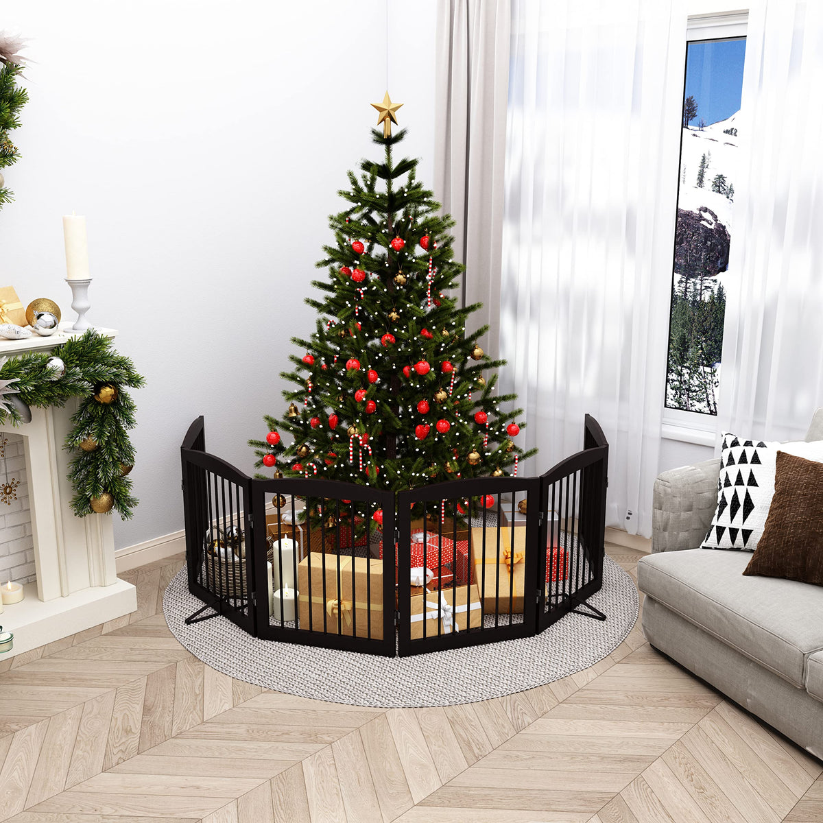 PUPETPO Freestanding Pet Gate for Dogs, Foldable Wooden Dog Gate for House, Extra Wide Indoor Pet Barrier for Stair, Doorway, Hall, Support Feet Included, 120 Inch Wide, 6 Panels 24", Brown