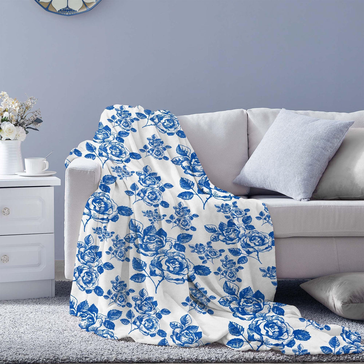 Pdvbiee Blue Floral Throw Blanket, French Country Chinoiserie, 50x60 in