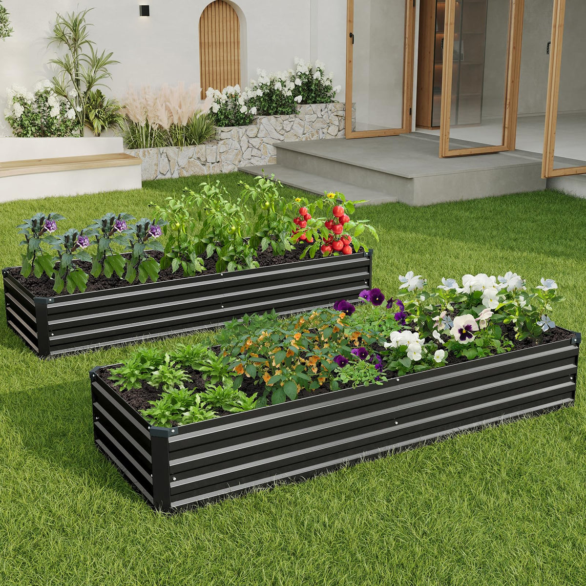 ZUNUDA 8×2×1FT(2PCS) Galvanized Raised Garden Bed Kit Metal Planter Boxes,Large Outdoor Planters Garden for Planting Vegetables,Flowers,Herbs -Black
