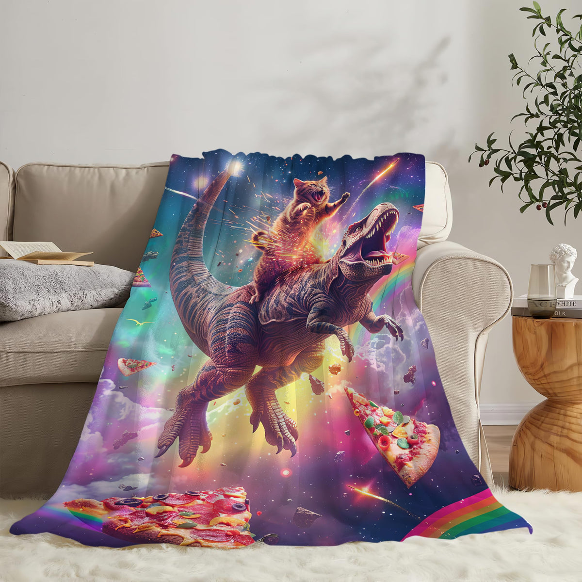 Cat and Dinosaur Blanket Rainbow Pizza Dino Cat Throw Blanket Gifts for Adults Men Women Boys Girls Kids Super Soft Cozy Plush Fluffy Fuzzy Fleece Blanket Decor 60''X80''