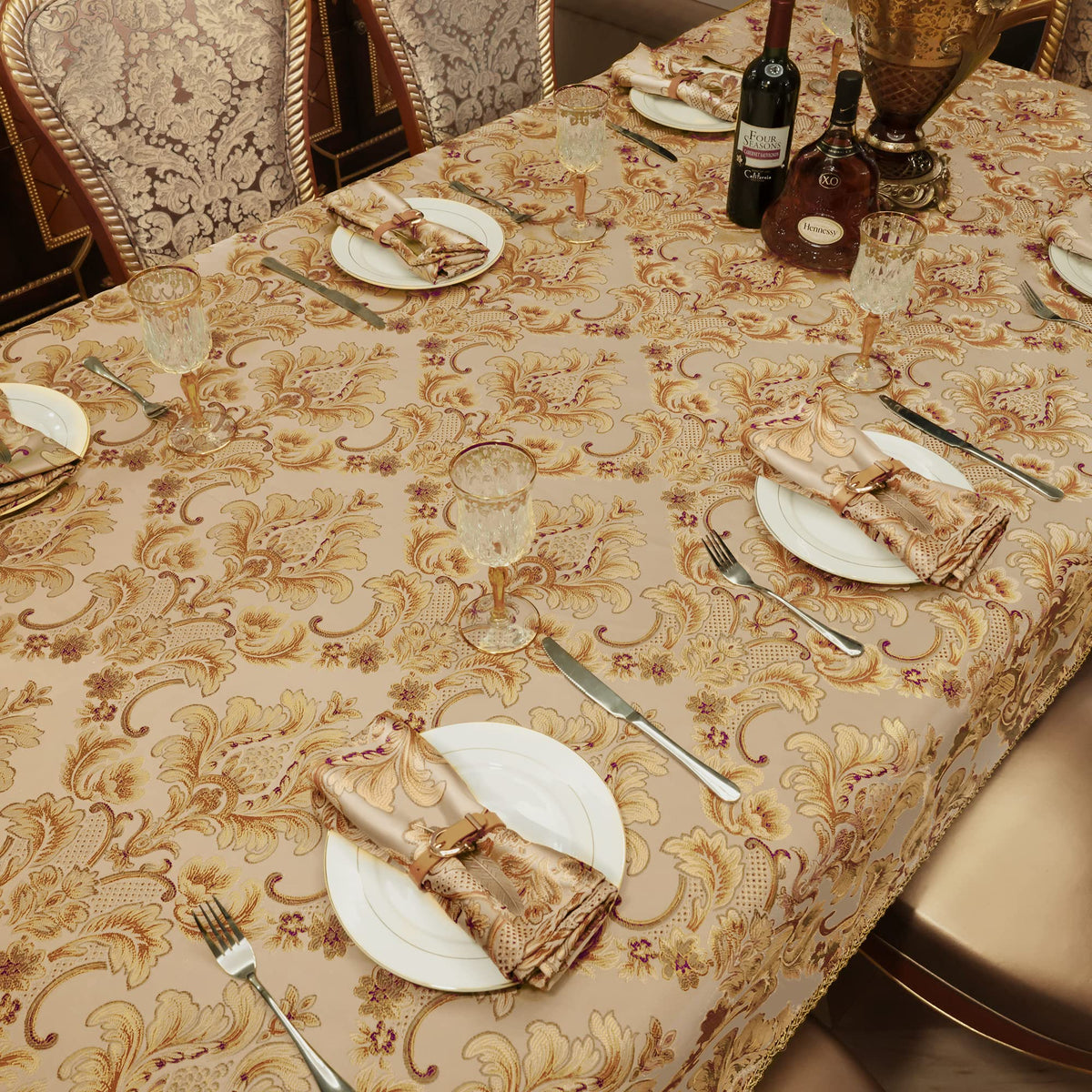 Loom and Mill Luxury Rectangle Tablecloth 60 x 120 Inches, Elegant Damask Golden Floral Table Cover with Handmade Tassels for Dining Table Banquets Decorations(Beige, 60"x120")