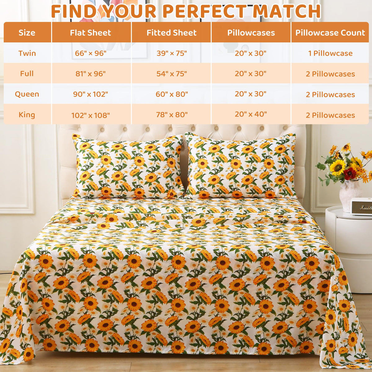 Mooreeke Cozy Vintage Microfiber Printed Floral Full Sheet Set - Soft & Breathable Yellow Sunflower Bed Sheets with Extra Deep Pocket - Non-Slip Fitted Design - Sunflower Pattern - Full