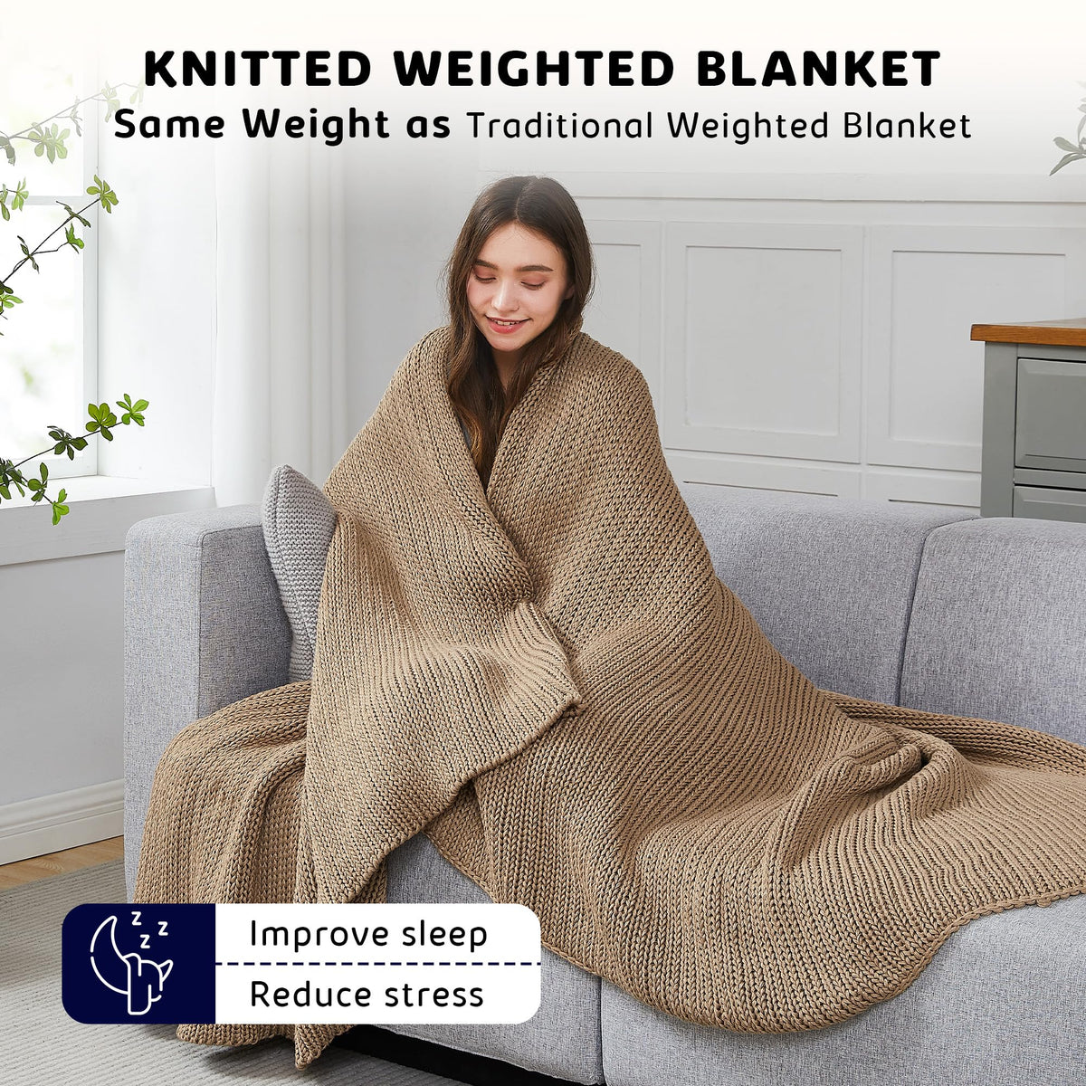 L'AGRATY Knitted Weighted Blanket - 50''x60'' 7lbs Cooling Chunky Knit Heavy for Adults Braided Crochet Throw Thick Cable Yarn Decorative No Beads Evenly Machine Washable, Beige