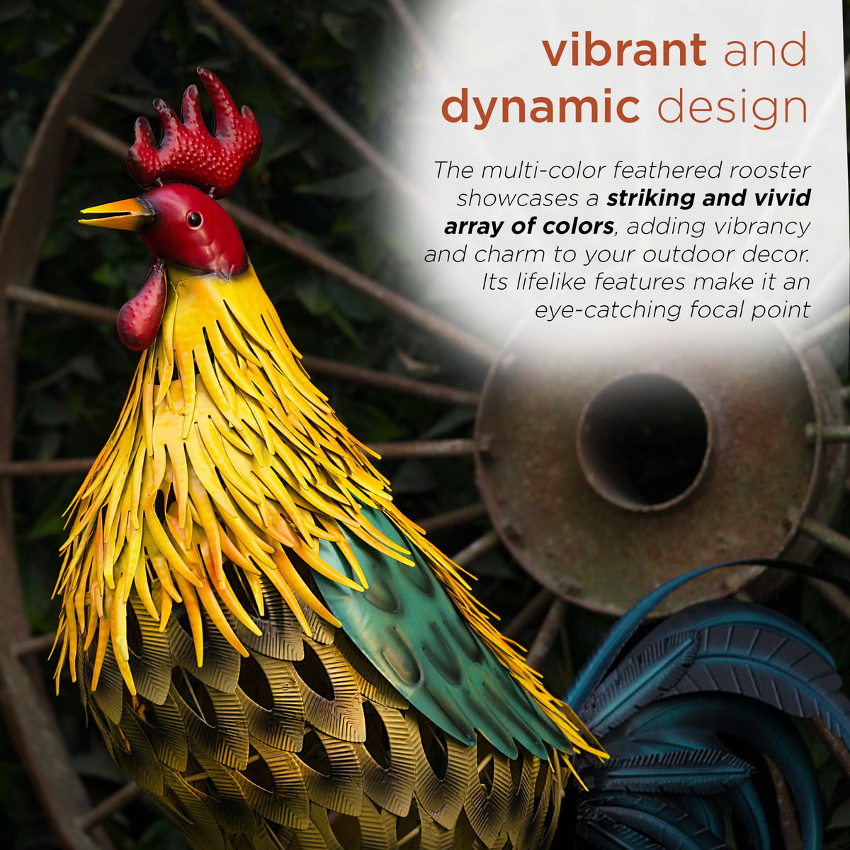 Alpine Corporation 28" Tall Outdoor Metal Feathered Rooster Statue with Vibrant Design, Garden Decor, Yellow