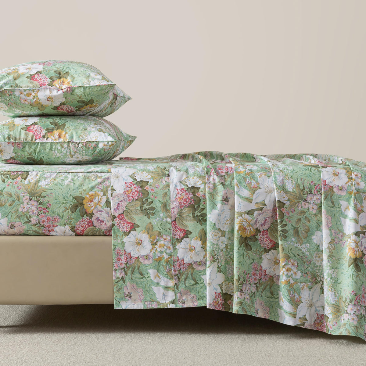FADFAY Floral Bed Sheets Set Queen Size 100% Cotton Mint Green Botanical Sheet Sets Countryside Bedding Soft Breathable Girls Lily Flower Printed Deep Pocket Sheet 17.5 inch, 4 Pcs Queen