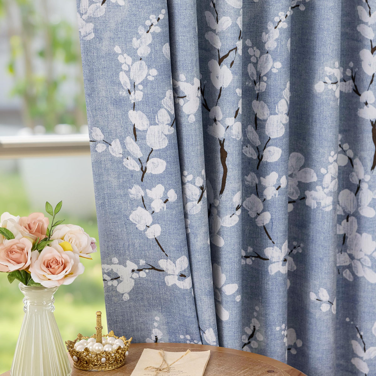 FMFUNCTEX 100% Blackout Floral Curtains for Bedroom, Blue Curtains 84 inch Length Blossom Flower Patterned for Living Room, Thermal Insulated Farmhouse Drapes, Rod Pocket 2 Panels (White on Blue)