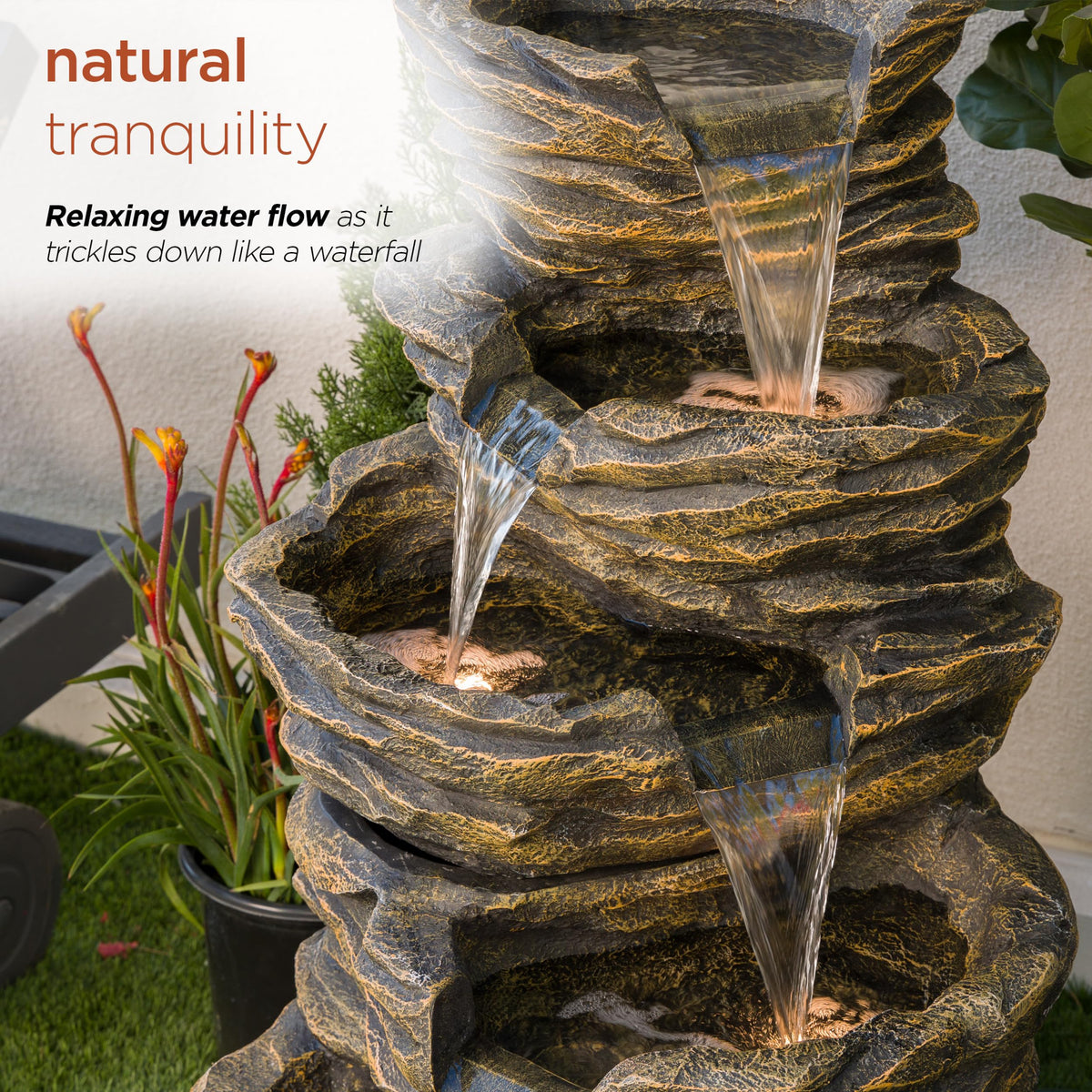 Alpine Corporation 39" Tall Outdoor 5 Tiered Natural Look Rock Water Floor Fountain with Replaceable Lights, Brown