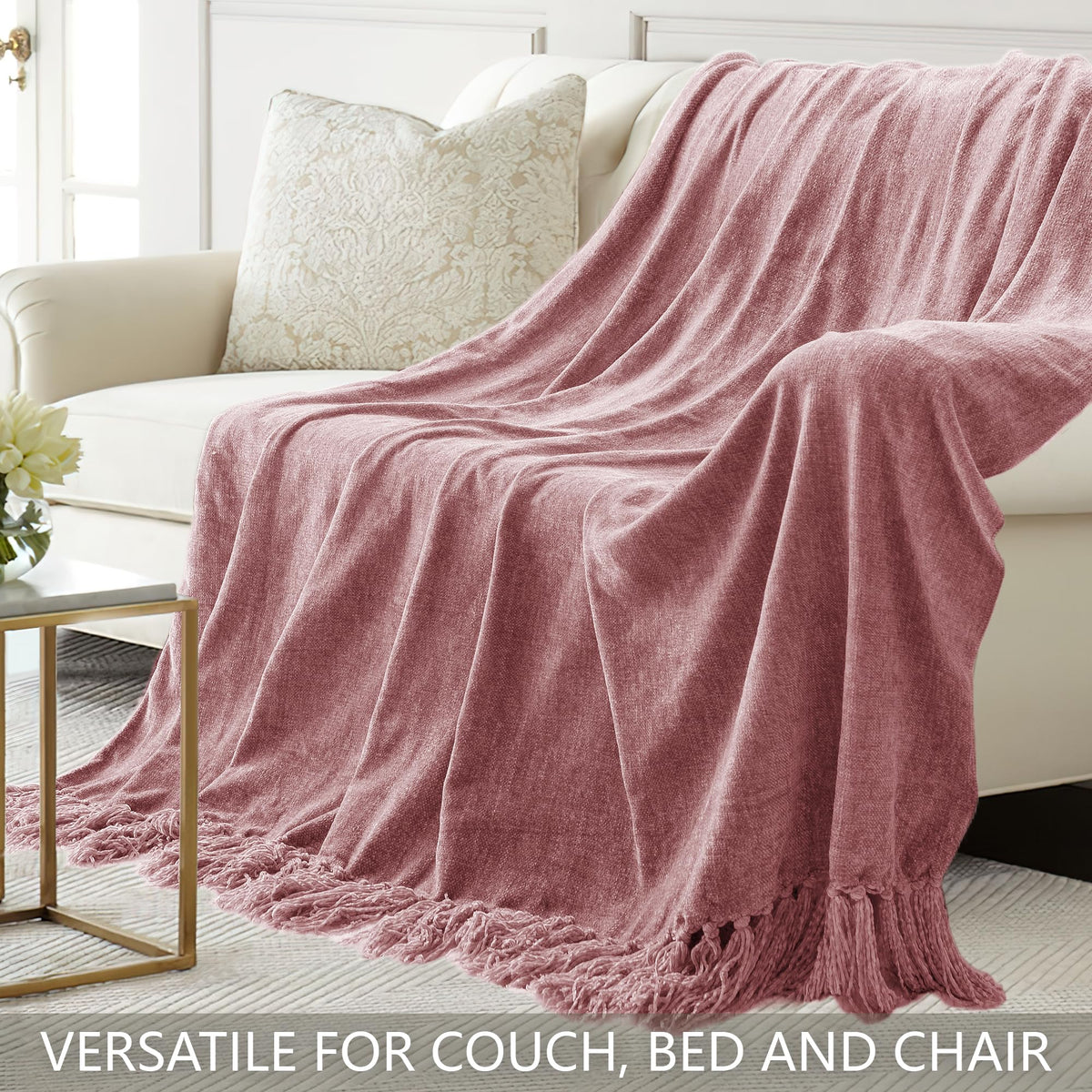 LONG CREATE Chenille Throw Blanket for Couch 50"X 60", Soft Cozy Throws with Fringe Tassel for Bed Sofa Chair Cover, Lightweight Knitted Decorative Boho Blankets for Living Room, Mauve