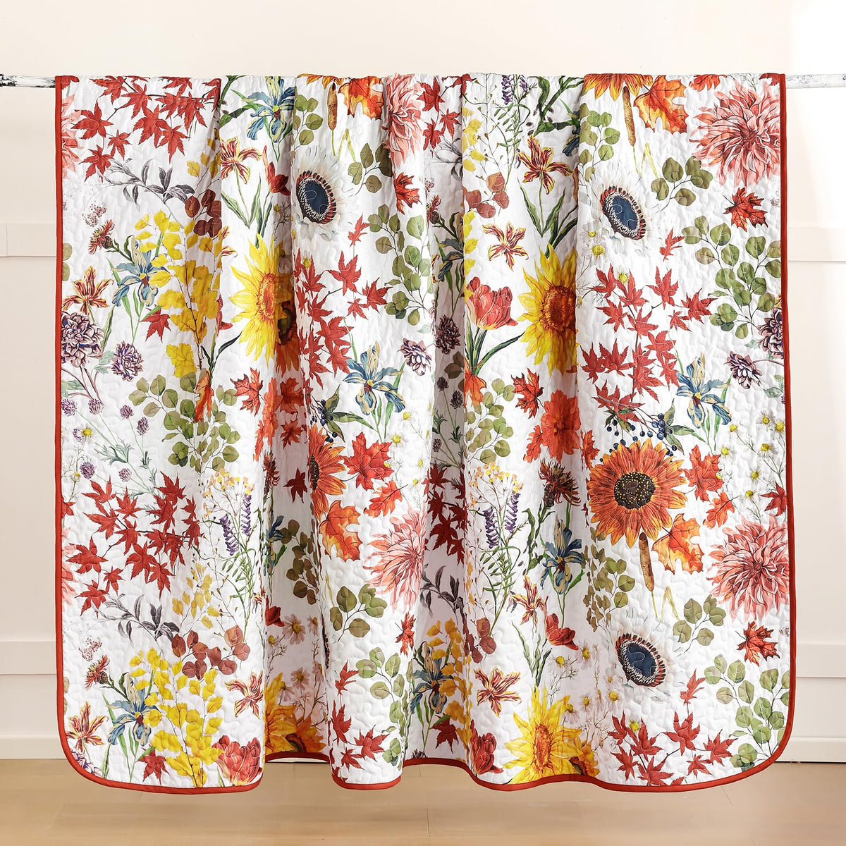 Yiran Fall Floral Quilt Set Queen Size, Orange Red Sunflower Botanical Bedspread Bedding Set, 3 Pieces Soft Lightweight Microfiber Coverlet with 2 Pillow Shams for All Season 96x90 Inch