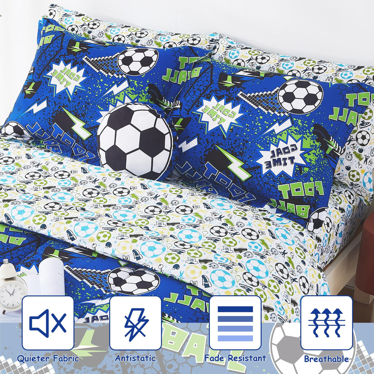 Mooreeke Kids Twin Comforter Sets for Boys 6 Pieces Cool Football Bedding Set for Teens Microfiber Blue Green Soccer Kids Bed in A Bag with Comforter, Sheet Set, Shams and Decorative Toy Pillow