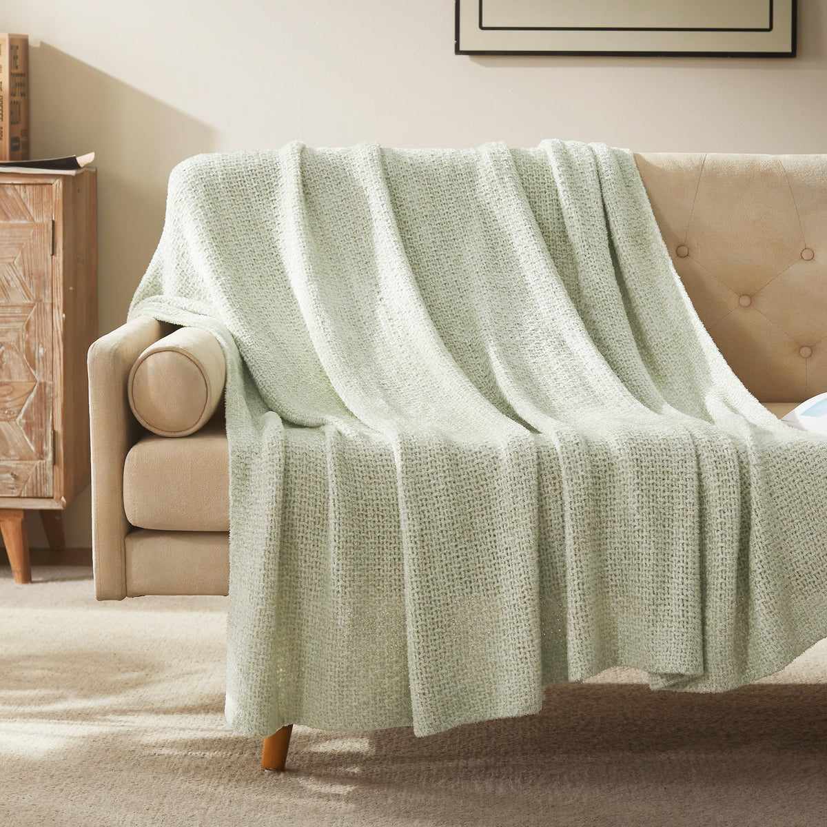 SLEEP ZONE Decoration Throw Blanket for Couch, Jersey Knit Luxury Blankets for Bed Living Room Sofa Chair 90"x90", Light Green