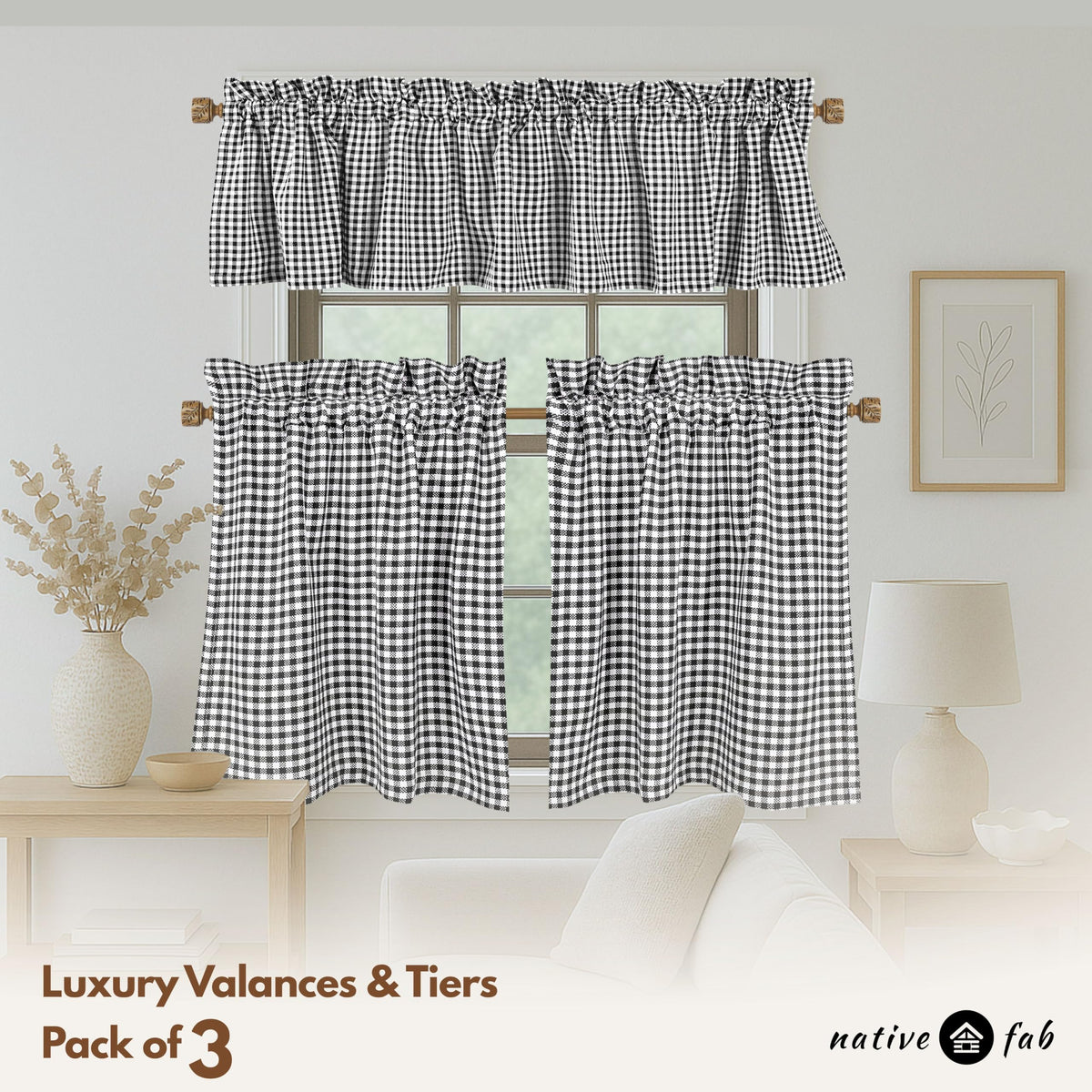 Native Fab Gingham Mini Check 3 Piece Window Curtain Tiers 26"x36" and Valance 54"x18" Set - Rod Pocket - Semi Sheer - Farmhouse Vintage Curtain for Kitchen, Cafe, Living Room - Black and White