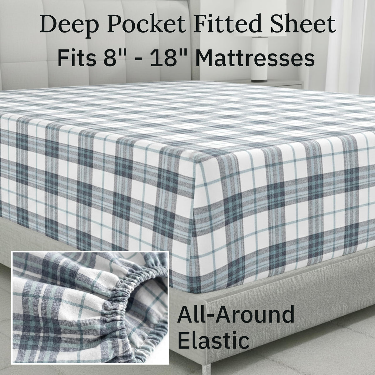 California Design Den Yarn Dyed Flannel Bed Sheets King Size Set - Made in Portugal, 4-Piece 100% Cotton Sheet Set King Size, Thick, Velvet Soft, Triple-Brushed, Extra Deep Pockets - Blue Plaid