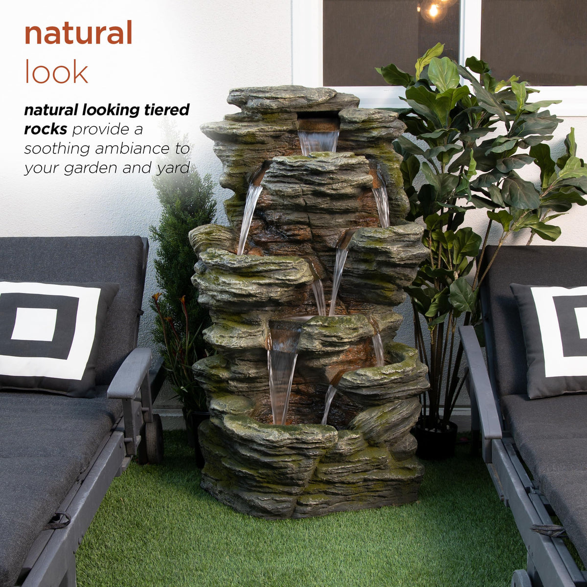 Alpine Corporation WIN1092 Outdoor Multitiered Rock Waterfall Floor Fountain with Warm White LED Lights, 51" Tall, Brown