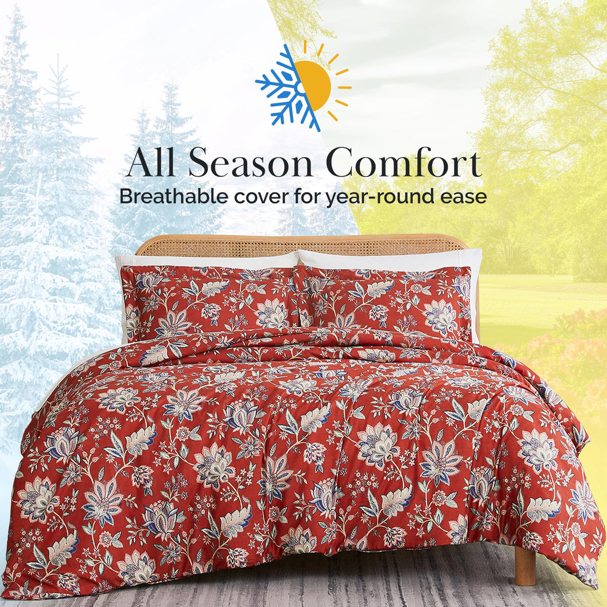 Southshore Fine Living, Inc. Oversized California King Duvet Cover - Red Floral Cal King Duvet Cover Set - Ultra Soft Microfiber, Fade Resistant - Zipper Closure, 2 Pillow Shams - Jacobean Willow Red