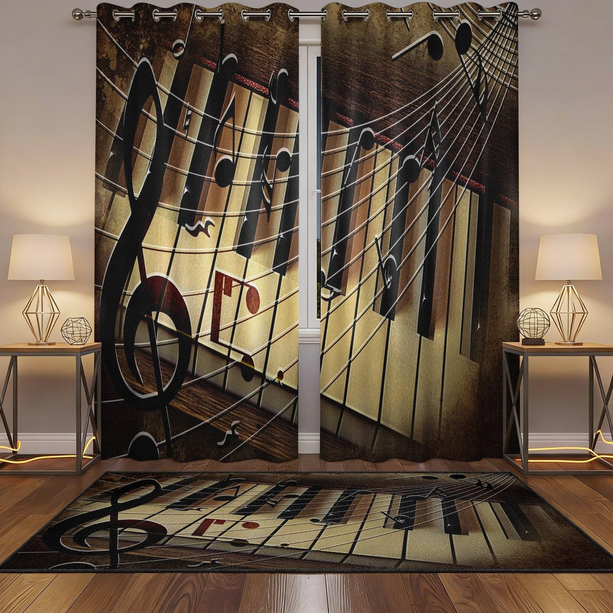 MBVZGUK Retro Nostalgia Piano Keyboard Curtains for Bedroom, 63 Inch Long 2 Panels, Music Note Staff Pattern Curtain Panels, Classic Rustic Brown Vintage Style Window Drapes for Music Studio