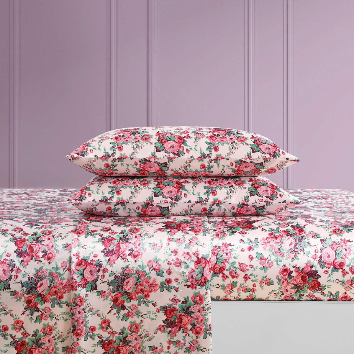 Betsey Johnson - King Bed Sheets, Satin Bedding Set with Matching Pillowcases, Wrinkle & Fade Resistant, Silky Smooth for Healthy Hair (Vintage Floral Pink)