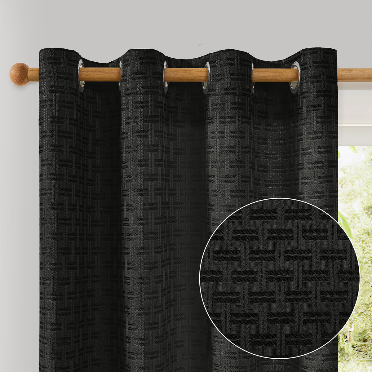 ChrisDowa Semi Sheer Linen Black Curtains 84 Inches Long 2 Panels for Living Room Dining Room Plaid Patterned Light Filtering Voile Grommet Window Treatments Drapes Privacy Assured,52X84